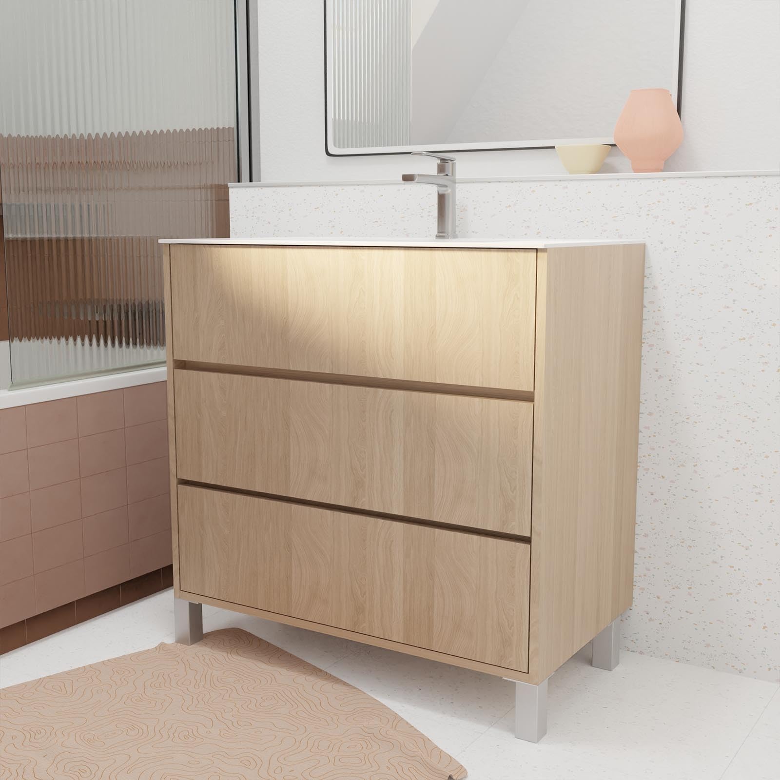 AURLANE Pack Meuble Salle de Bains 80 cm Chêne Clair, 3 tiroirs avec Vasque Céramique - Xenos