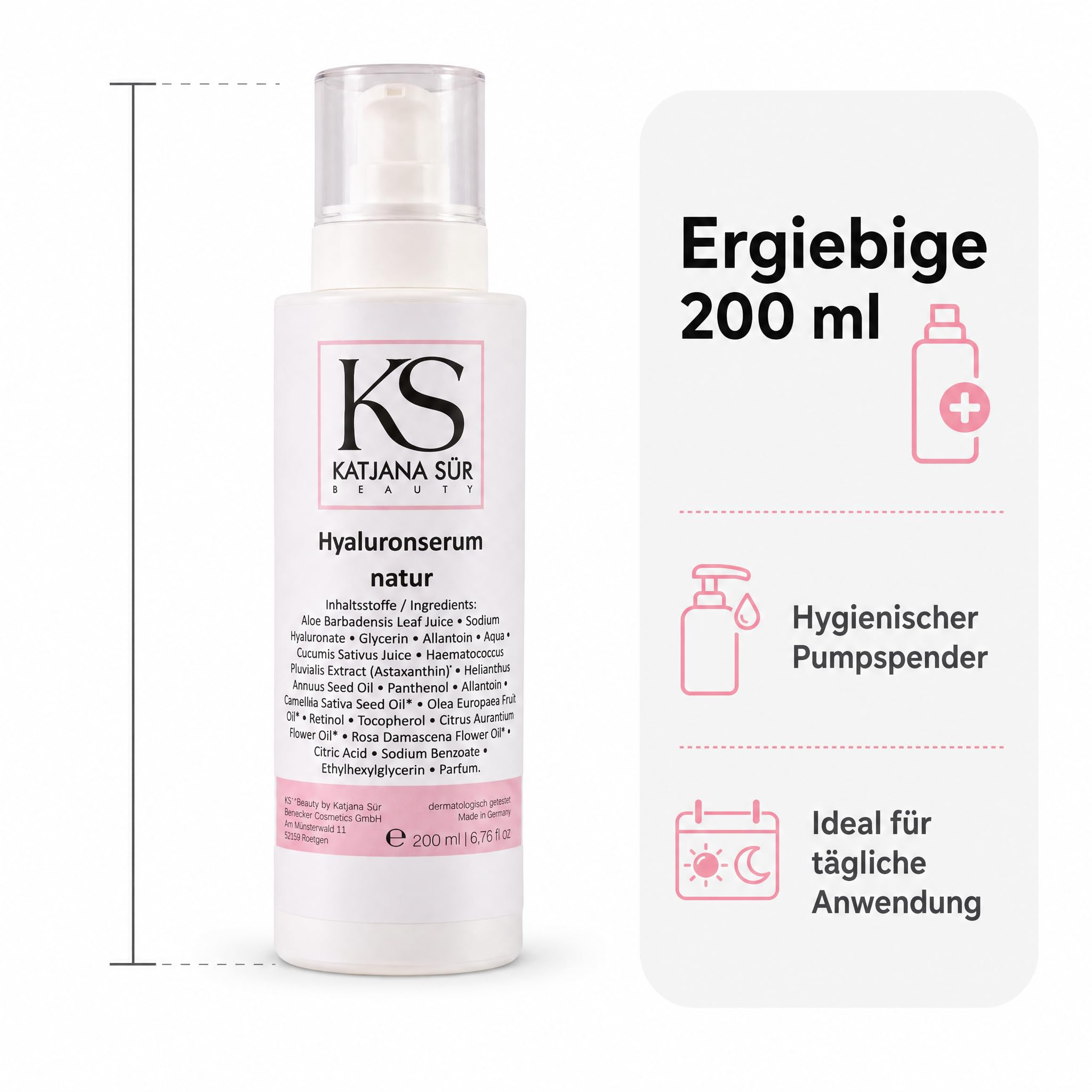KS Beauty Hyaluron Serum Gesicht mit Retinol & Aloe Vera, 200 ml | Feuchtigkeitsserum mit Hyaluronsäure, Astaxanthin & Vitamin E – dermatologisch getestet, Made in Germany