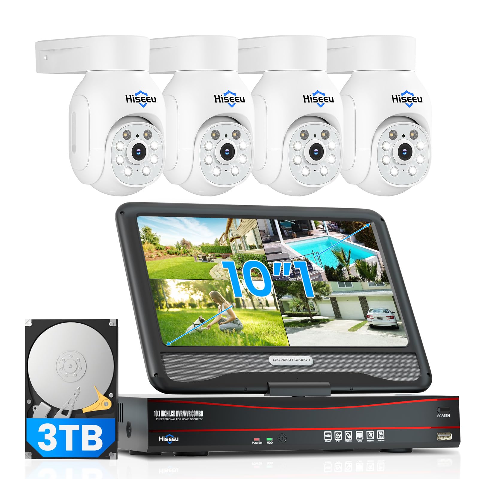 Hiseeu PoE-Überwachungskamera,Überwachungskamera-Set mit 5 MP + PTZ,4 x 5 MP PoE IP Outdoor Kamera,25,4 cm (10 Zoll),NVR mit 3 TB HDD,30 m Nachtsicht in Farbe,Registrierung 24/7