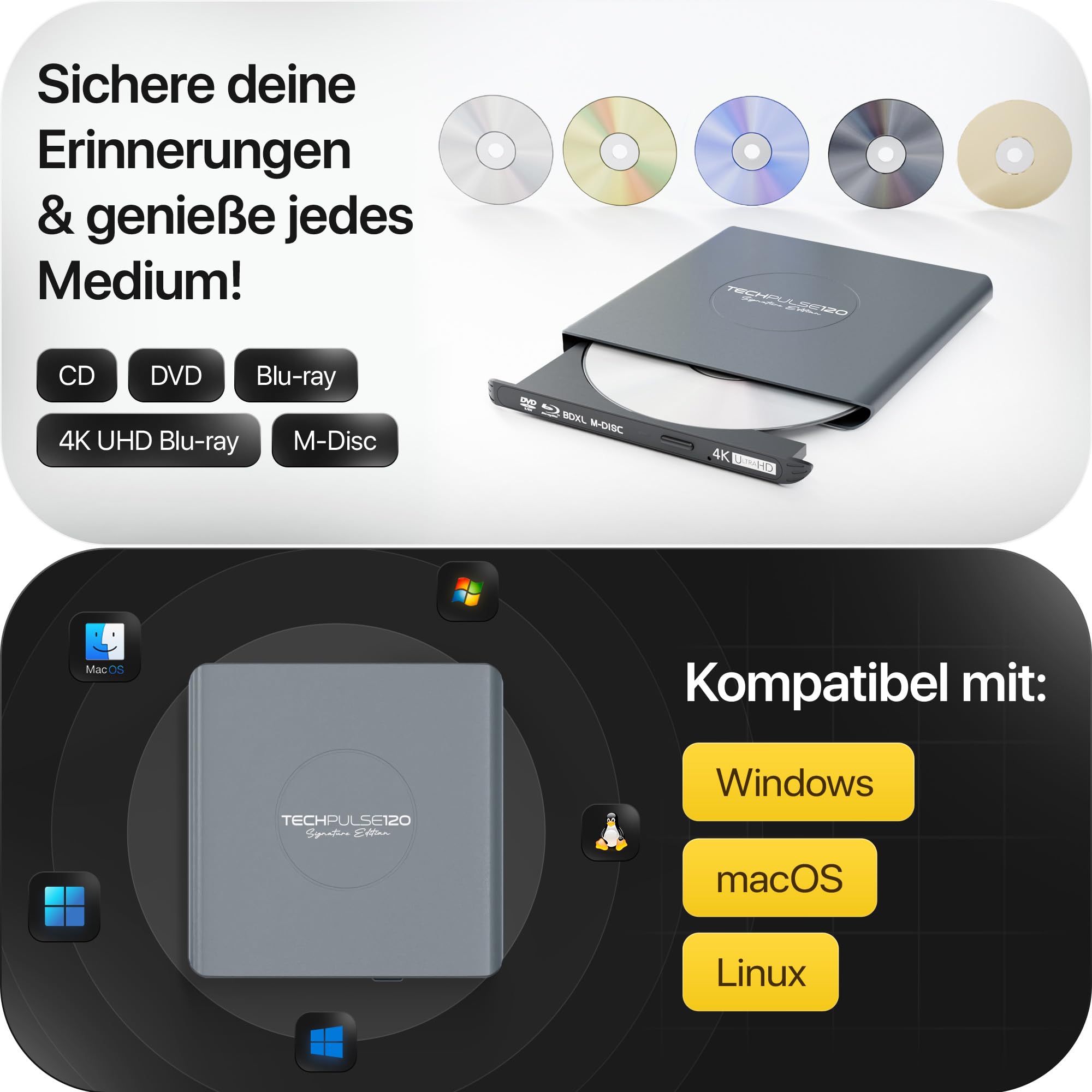 techPulse120 Externes USB 3.1 USB-C UHD 4k 3D M-DISC Blu-ray DVD CD HDR10 128GB Laufwerk Brenner Burner Signature Paket Tasche 90cm Anschlusskabel Aluminium (Grau)