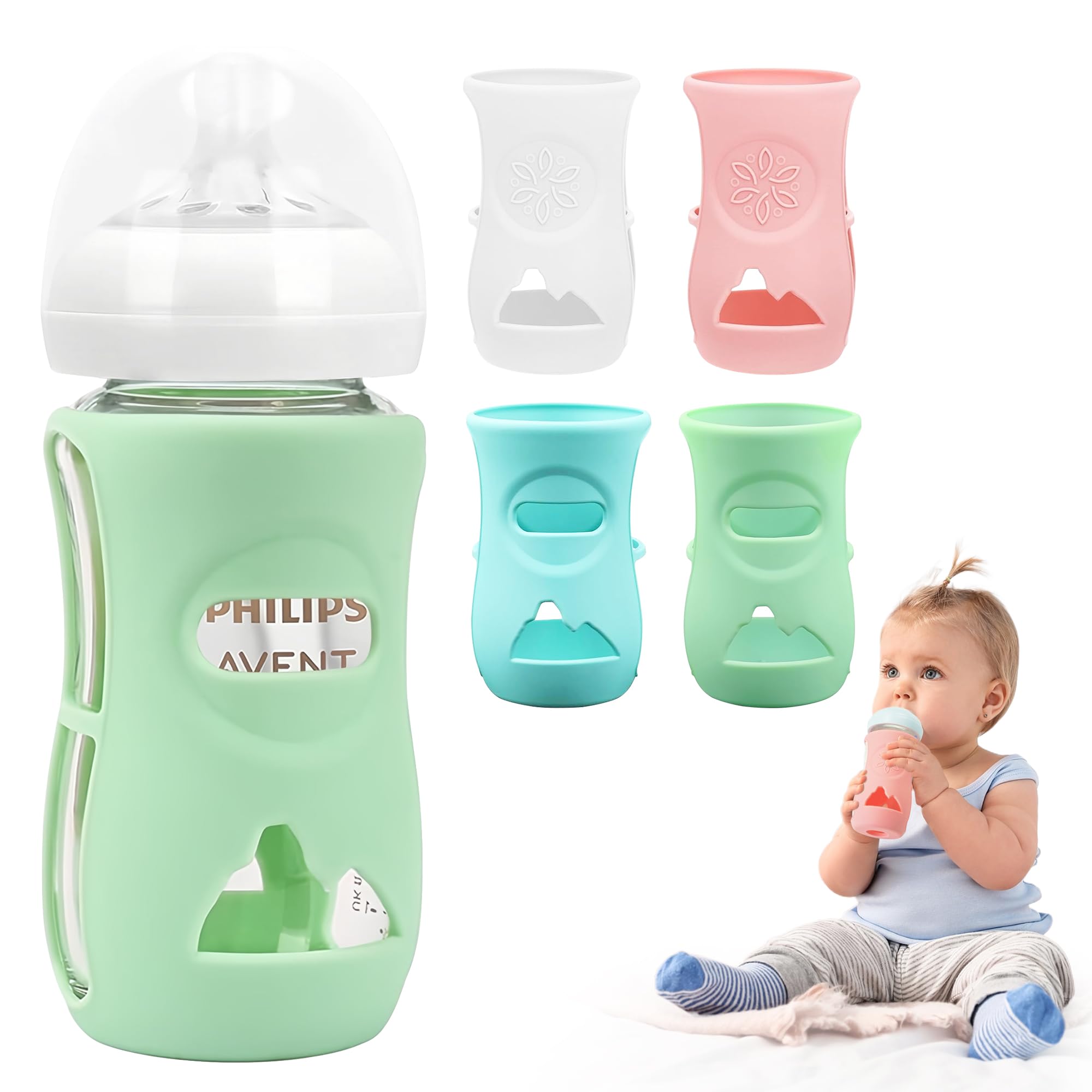 4 Pack Silicone Sleeves for Philips Avent Glass Natural Baby Bottles 8oz, Anti Breakage Baby Bottle Sleeve for Philips Avent Glass Bottles, BPA Free