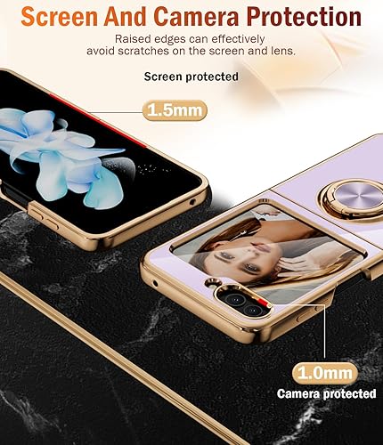 Miniatura 3 de Funda para Galaxy Z Flip 5 para mujeres y niñas, cubierta trasera suave de lujo con soporte de anillo chapado en oro rosa, borde de oro rosa