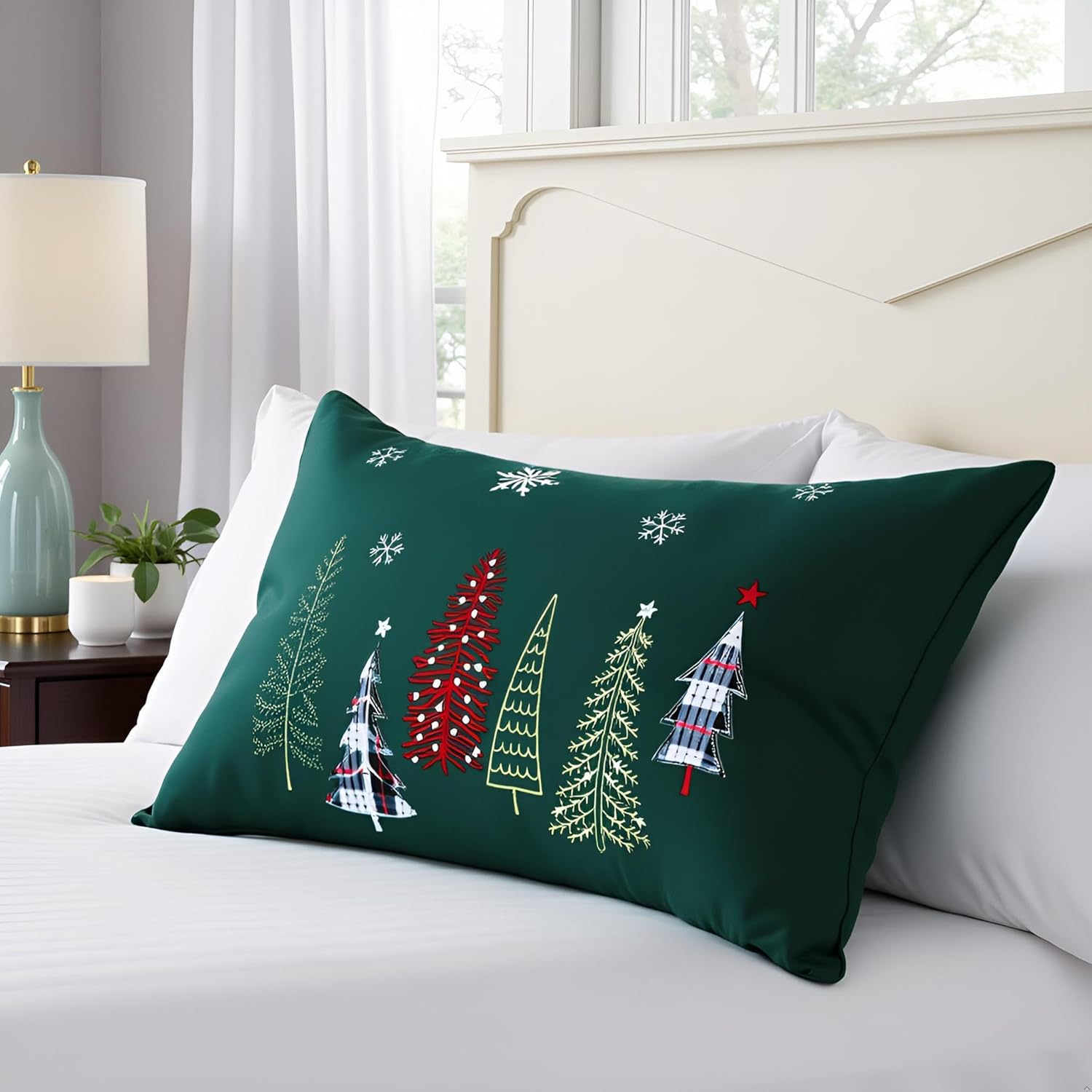 Christmas Embroidery Throw Pillow Covers 12 x 20 inch Set of 2 Christmas Dec Velvet Pillowcases Forest Green Xmas Trees Cushion Pillow Cases Soft Lumbar Holiday Pillowcase