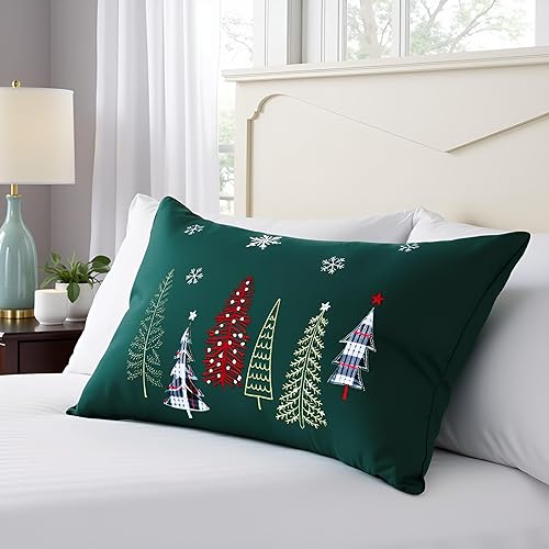 Miniatura 8 de Tosleo Juego de 2 fundas de almohada bordadas de Navidad de 12 x 20 pulgadas, juego de 2 fundas de almohada de terciopelo verde bosque, fundas de