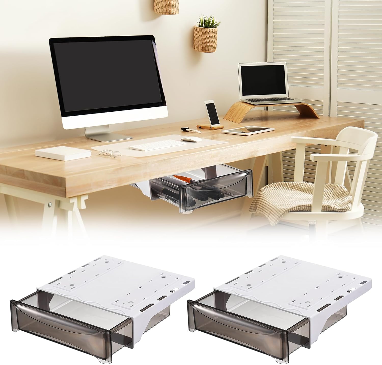 uxcell Under Desk Drawer, 2Pcs - Plastic Self-Adhesive Under Desk Storage Organizer, Slide Out Stationery Storage for Office Home (Black, 335x245 MM)