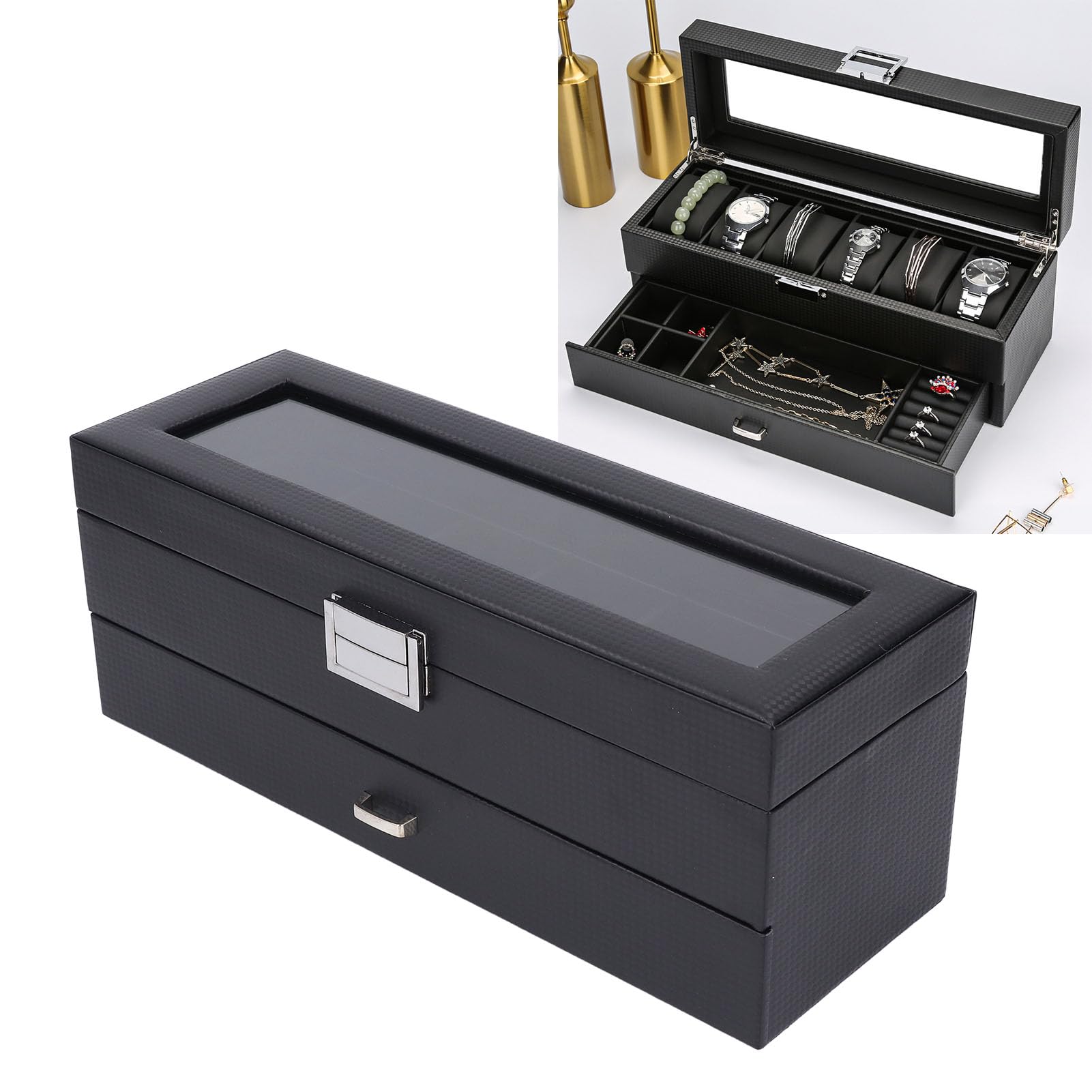 Vitrina de Reloj de 6 Ranuras con Cajón y Tapa de Vidrio Templado para Almacenamiento Organizado de Accesorios, Elegante Acabado de Cuero PU, Perfecto para el Hogar o Regalo