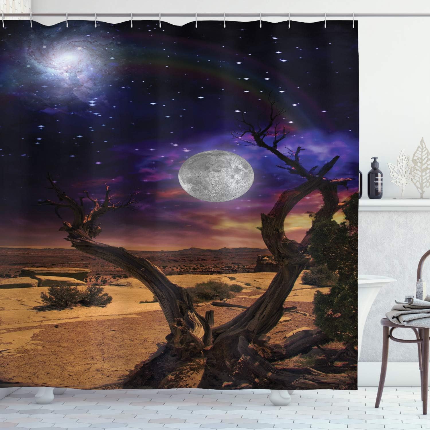 Ambesonne Moon Shower Curtain, Desert Night Full Moon with Nebula and Rainbow in Starry Sky Art, Cloth Fabric Bathroom Decor Set with Hooks, 69" W x 70" L, Caramel Purple