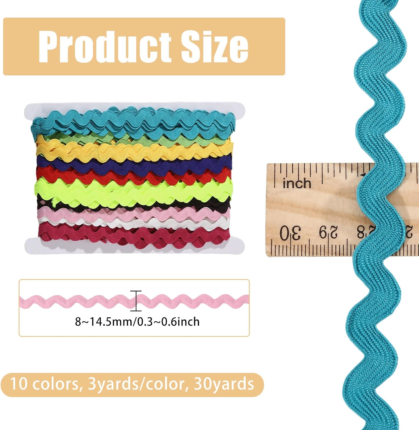 GLOBLELAND 30 Yards 10 Colors Rick Rack Fringe Trim Ribbon 8mm Wave Bending Sewing Lace Trim Ribbons with Display Cards Clothes Accessories for Doll Clothes Curtain Sewing Craft Supply