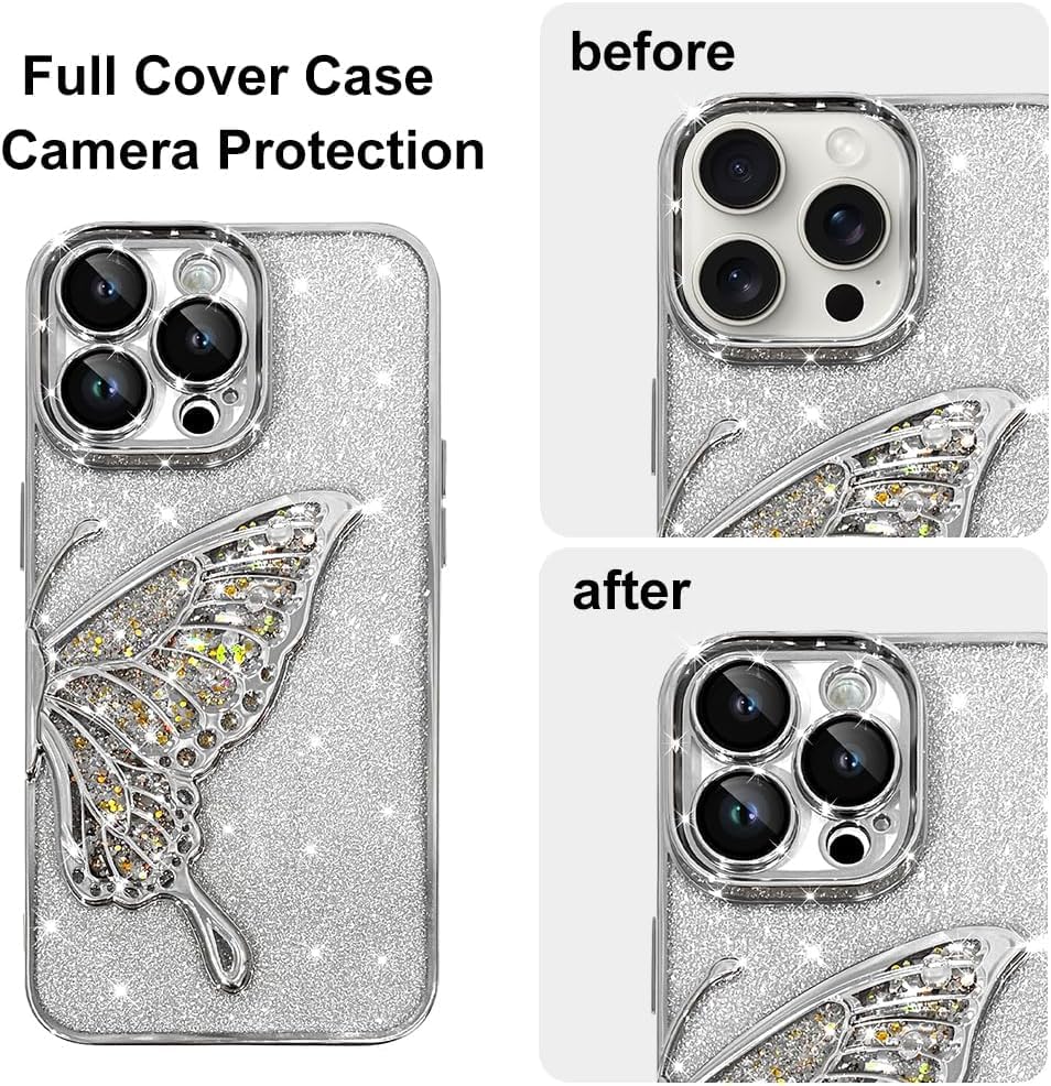 Image of SHINESTAR 3D Butterfly Case for iPhone 14 Pro Max Cover, Cute Girly Glitter Bling Luxury Back Cover for Women Girls Protective Shockproof Slim Camera Protection (or iPhone 14 Pro Max - Silver