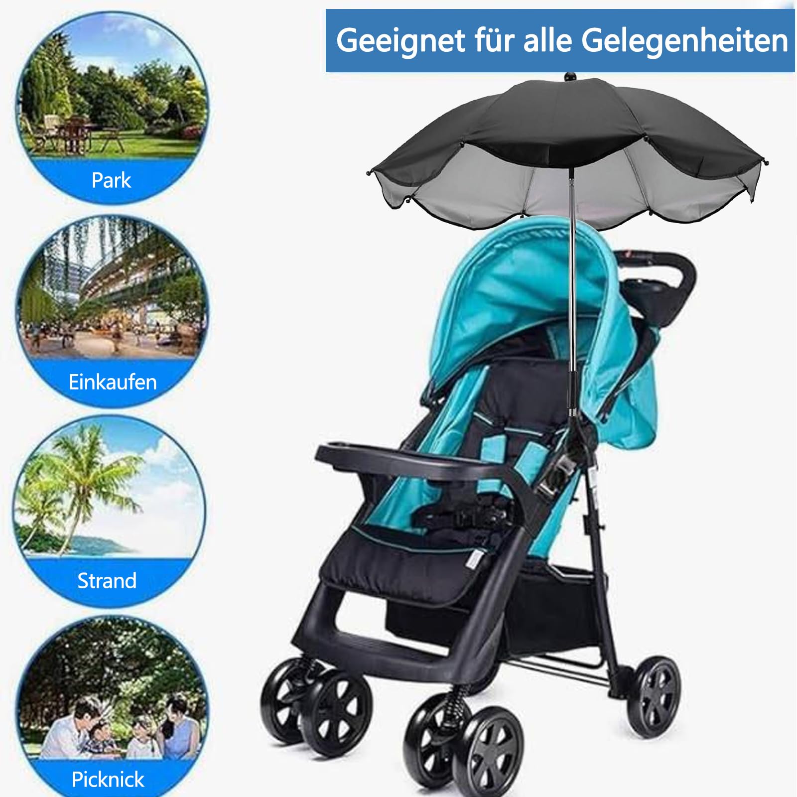 Sonnenschirm Kinderwagen, Kinderwagen Sonnenschirm mit Schirm-Clip-Befestigungsgerät, 360 Grad Verstellbar, UV-Schutz, Universal Kinderwagenschirm Sonnenschirm (Schwarz) (Schwarz 1)