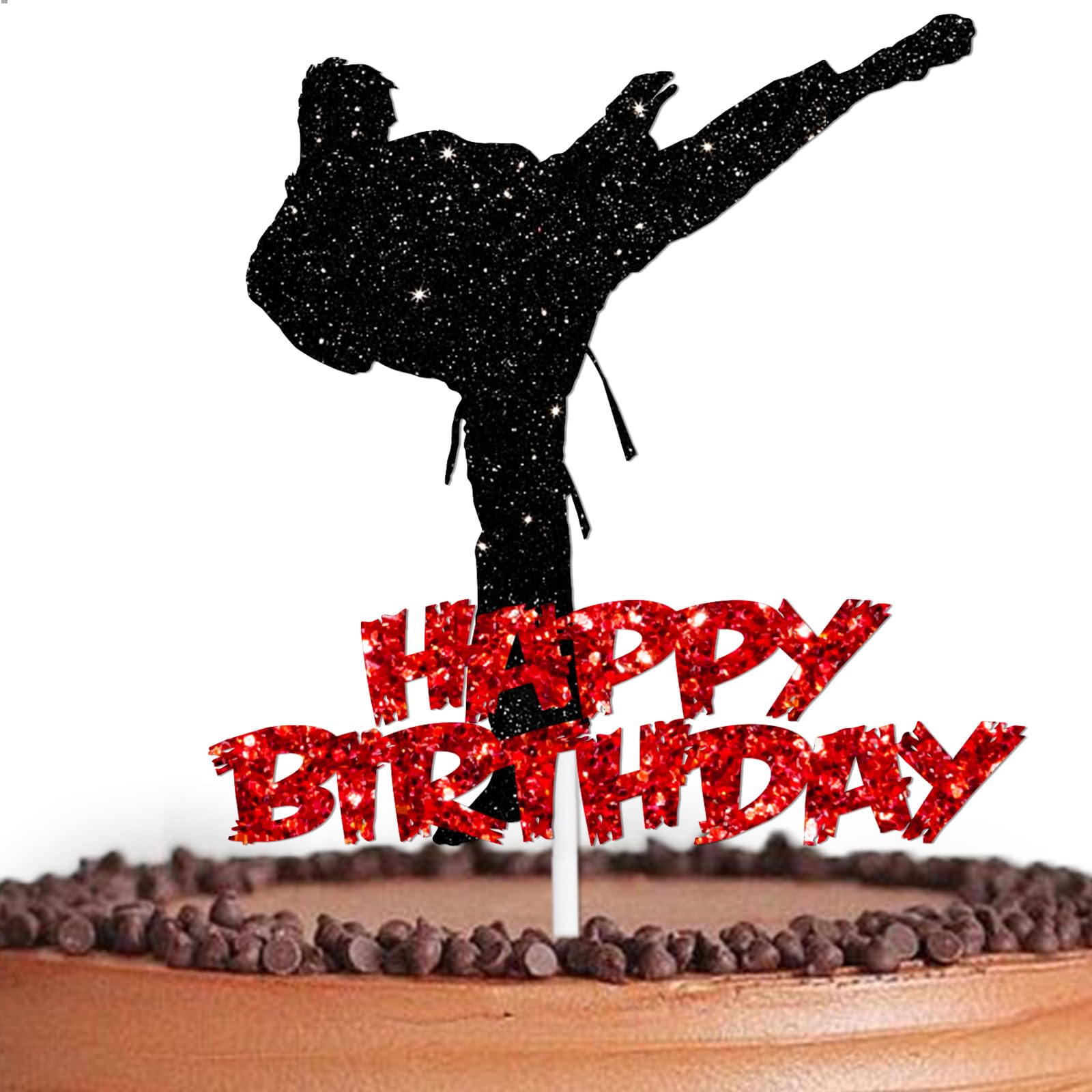 Black Glitter Happy Birthday Cake Topper Pick for Karate Theme Decor Supplies Men Boys Wrestler Happy Birthday Party Decorations — image 1