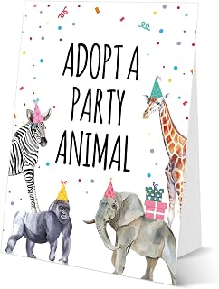 Adopt A Party Animal Sign, Safari Birthday Decorations, 8×11 Sign with Stand, Adopt a Pet Party Favors