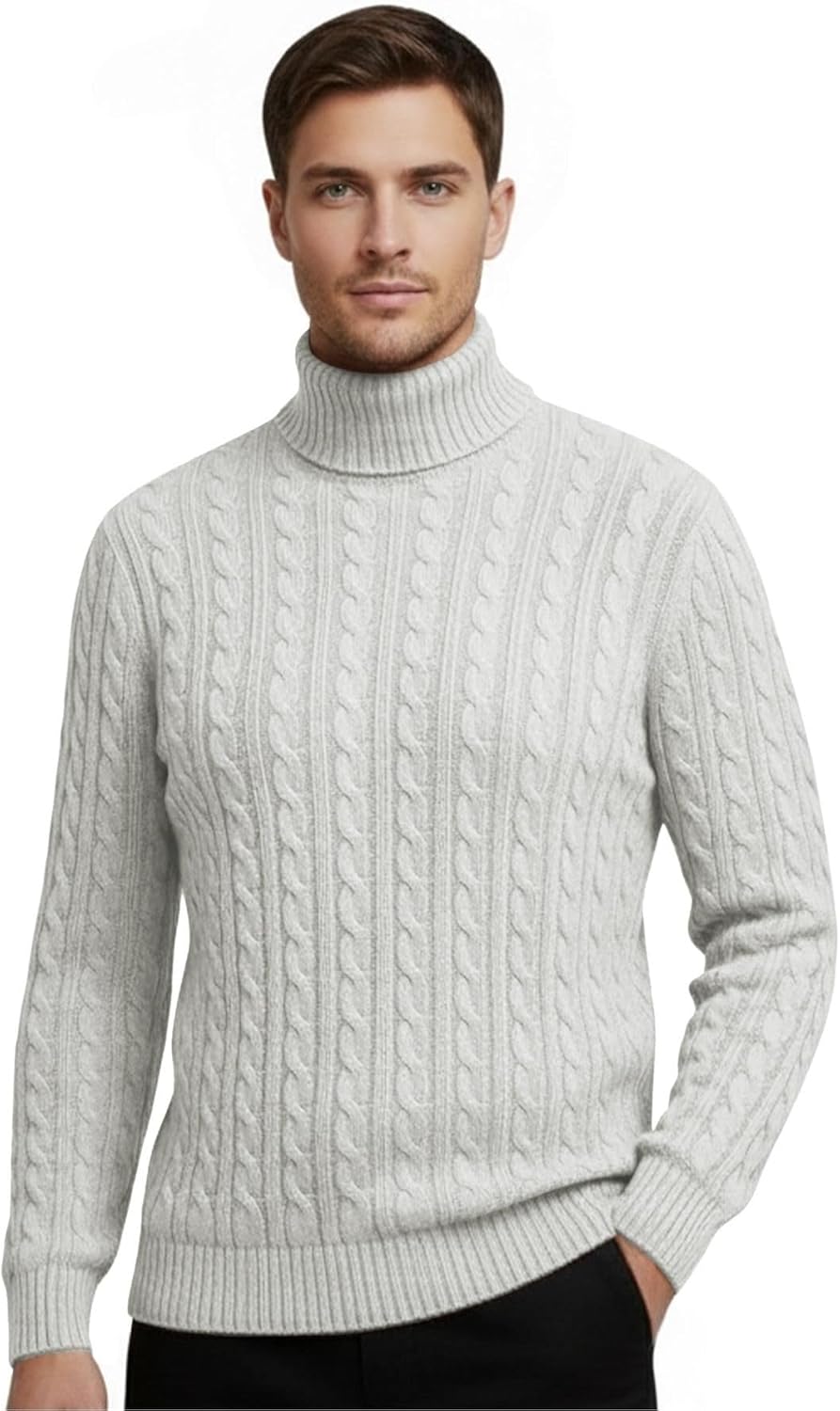 Janisramone® Mens High Polo Roll Neck Jumper, Long Sleeve Cable Knitted Pullover Mens Sweater, Casual Turtle Neck Jumper Grey