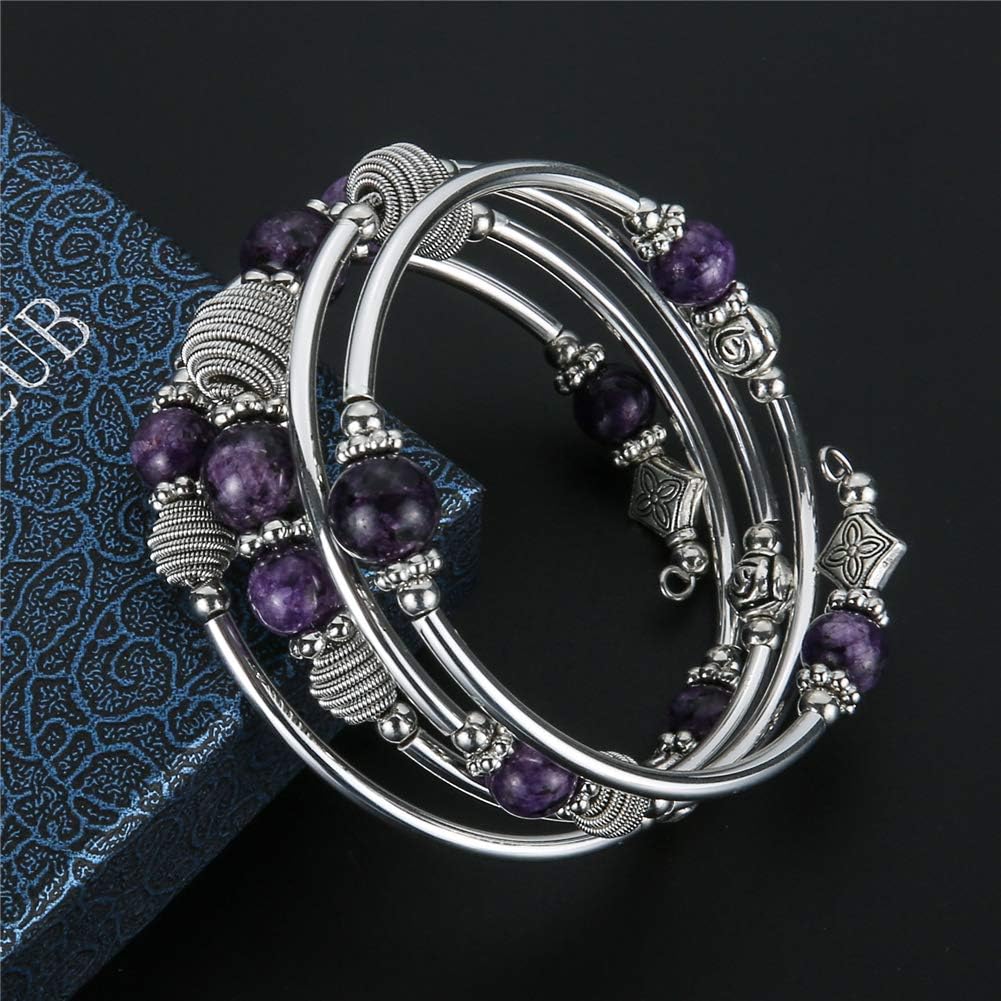 PEARL&CLUB Beaded Chakra Bangle Turquoise Bracelet - Fashion Jewelry Wrap Bracelet with Thick Silver Metal and Mala Beads, Birthday Gifts For Women - Image 4