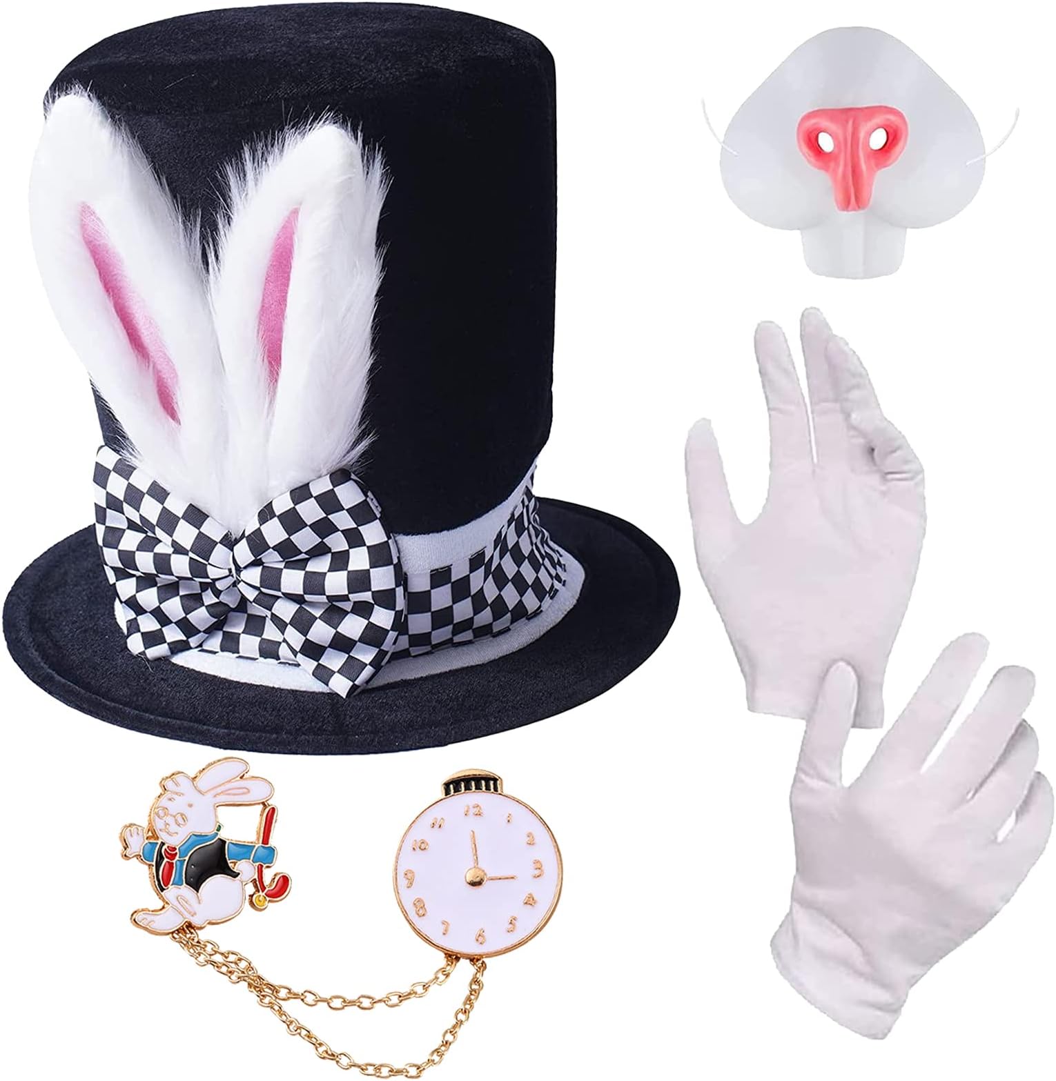 White Rabbit Costume Set Easter Bunny Ear Top Hat for adult, Mad Hatter Rabbit Topper Plush Hat Halloween Party