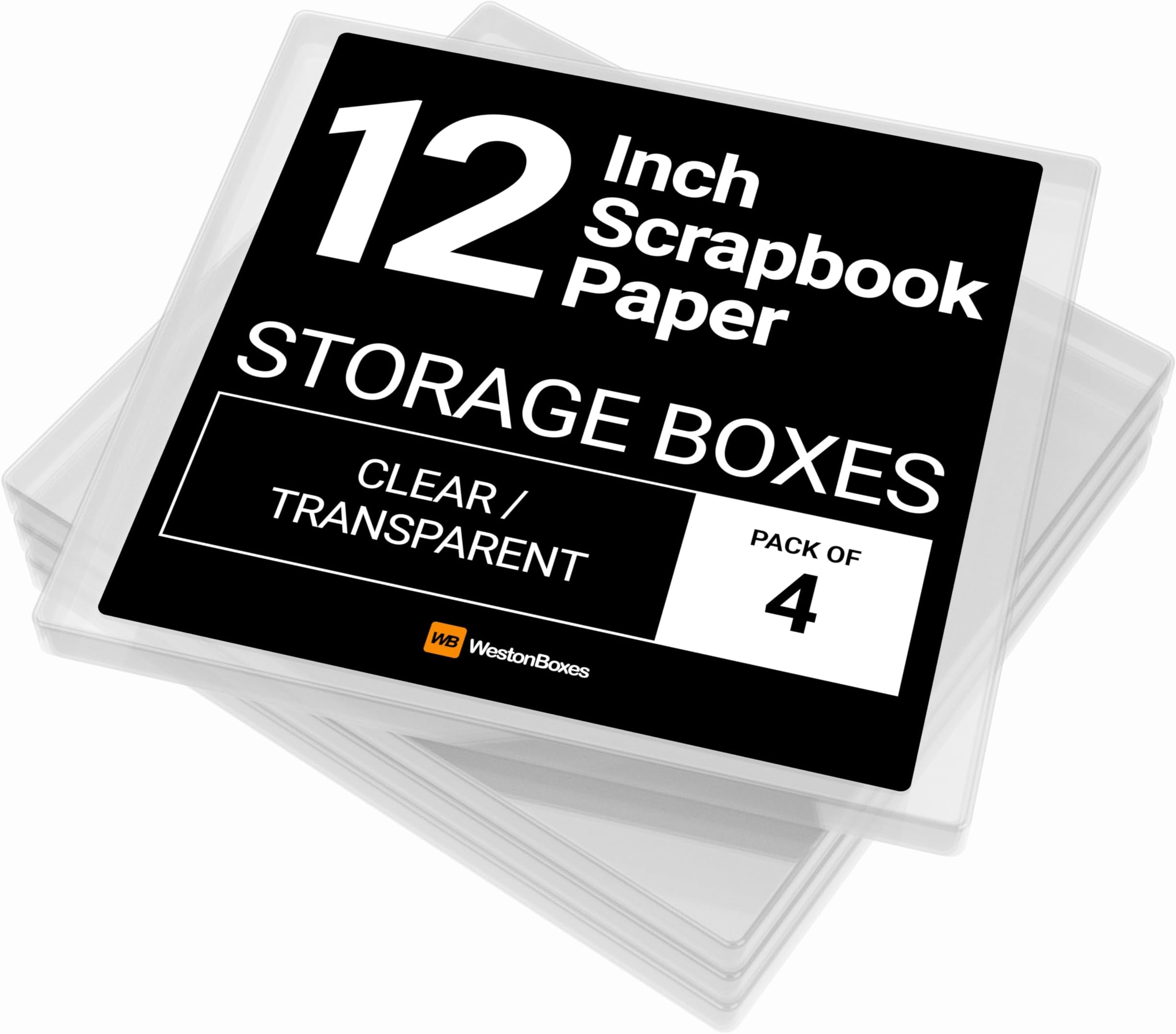 WestonBoxes Plastic 12 x 12 Inch Scrapbooking Paper Storage Box (Clear, Pack of 4)