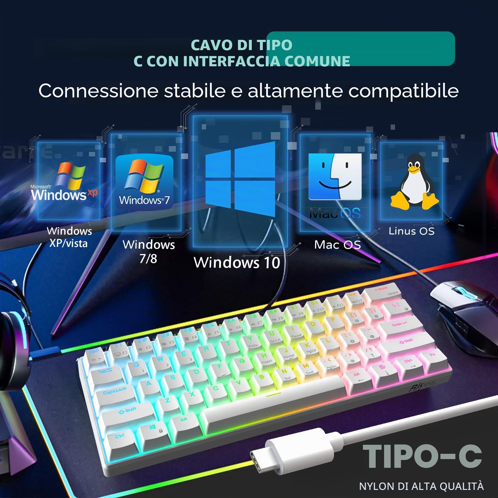 RK ROYAL KLUDGE RK61 QMK/VIA Tastiera Meccanica Al 60%, Tastiera Da Gioco Cablata Programmabile A 61 Tasti Retroilluminazione RGB Layout USA Sostituibile A Caldo (Interruttore Rosso, Bianco)