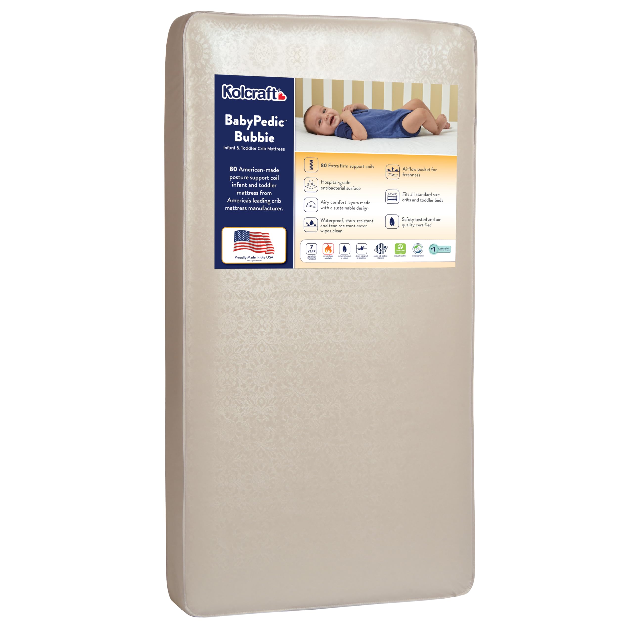 Kolcraft BabyPedic Bubbie Waterproof Crib and Toddler Mattress, Extra-Firm Coil Support, Breathable Comfort, Non-Toxic, GREENGUARD Gold Certified, Made in USA, 52x28, Natural
