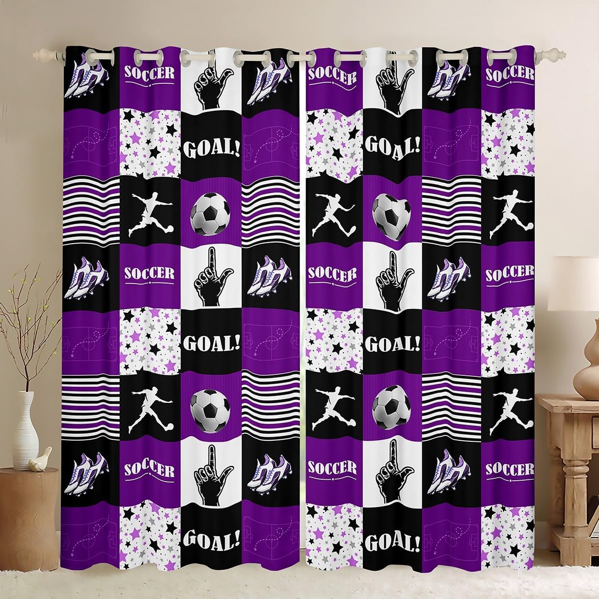Soccer Curtains 42Wx84L,Purple Black Stars Stripes Plaids Patchwork Windows Drapes Block 30%-50% Light,Modern Football Lovers Fashion Sports Game Grommet Window Treatment,2 Panels