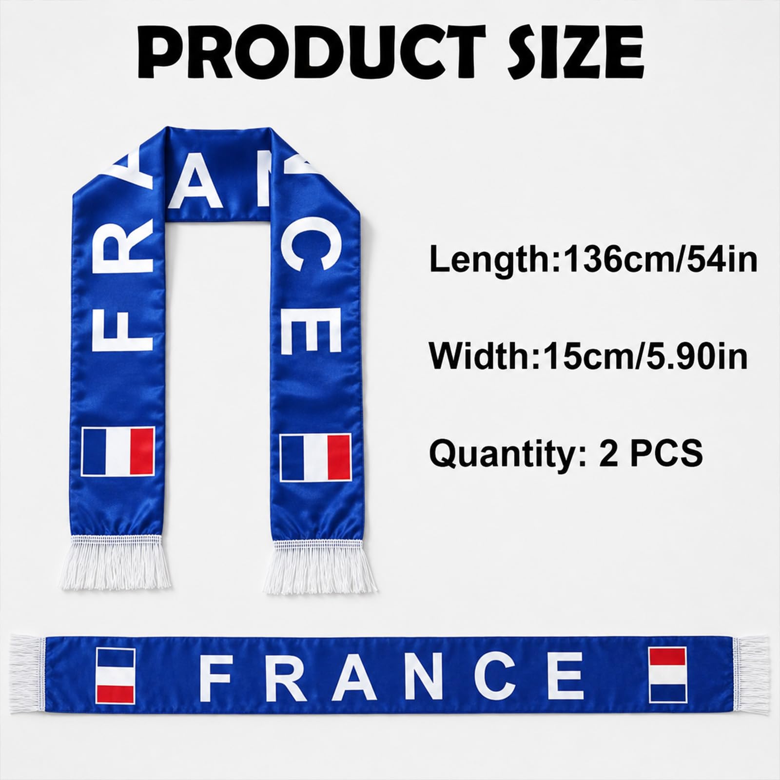 Écharpe de Supporter France 136x15 cm - Écharpe de Foot Couleurs Bleu/Blanc - Accessoire Fan Coupe du Monde 2026