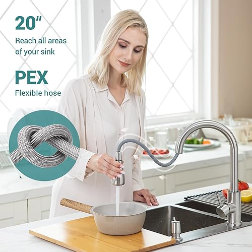 Vista 113 de APPASO Grifo de cocina cuadrado con filtro, grifos de fregadero de 3 vías negro mate con rociador extraíble, 2 modos, arco alto, moderno, 2 asas