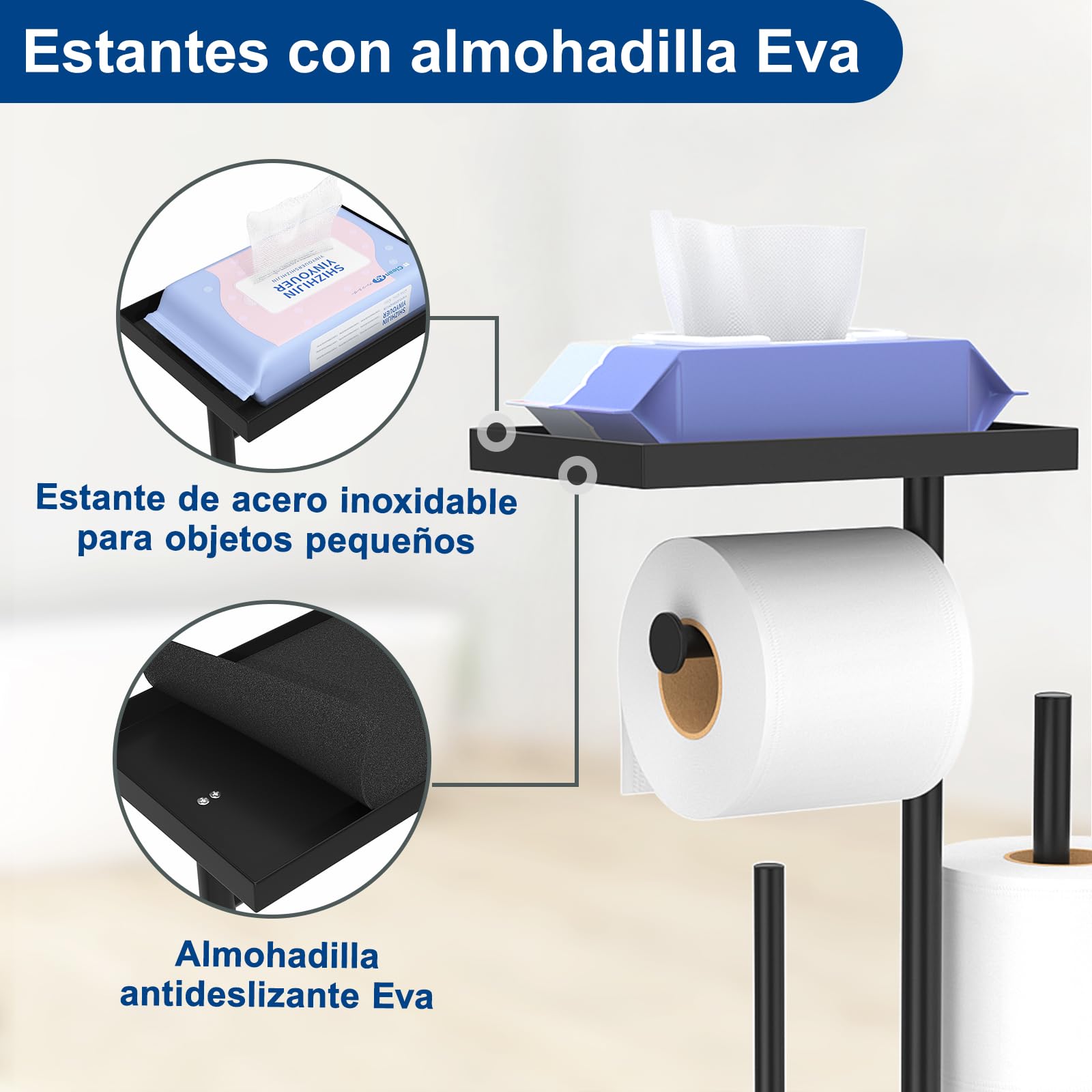 Portarrollo de acero inoxidable higiénico con escobilla, bandeja y soporte para papel