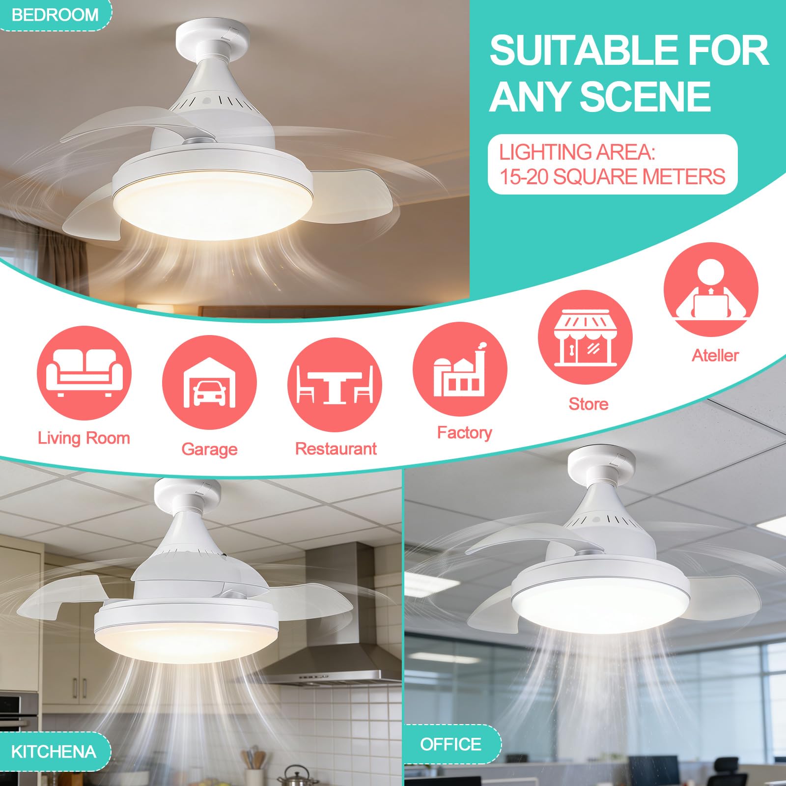 Ventilatore da Soffitto con Luce E27 40cm, Adattatore E27 Incluso, Lampada Ventilatore LED Silenzioso 20-30dB con Telecomando, Dimmerabile 12 Livelli & 3 Colori, Timer 2h/4h, per Camera Cucina 15-20m²