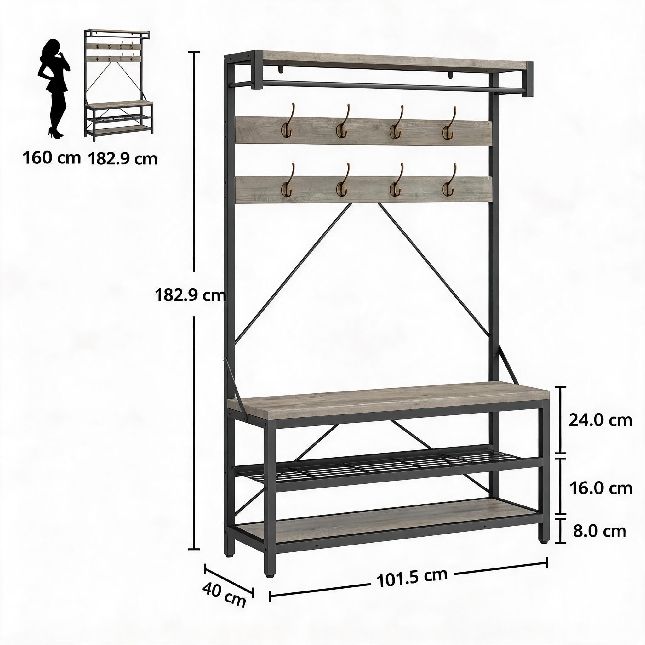 Garderobenständer, Garderobe, 5-in-1 Kombination, freistehend, Metallrahmen, 3-stufiges Regal, 8 abnehmbare Haken, große Schuhbank in Holzoptik, platzsparend für Flur, Diele, Eingangsbereich, Grau