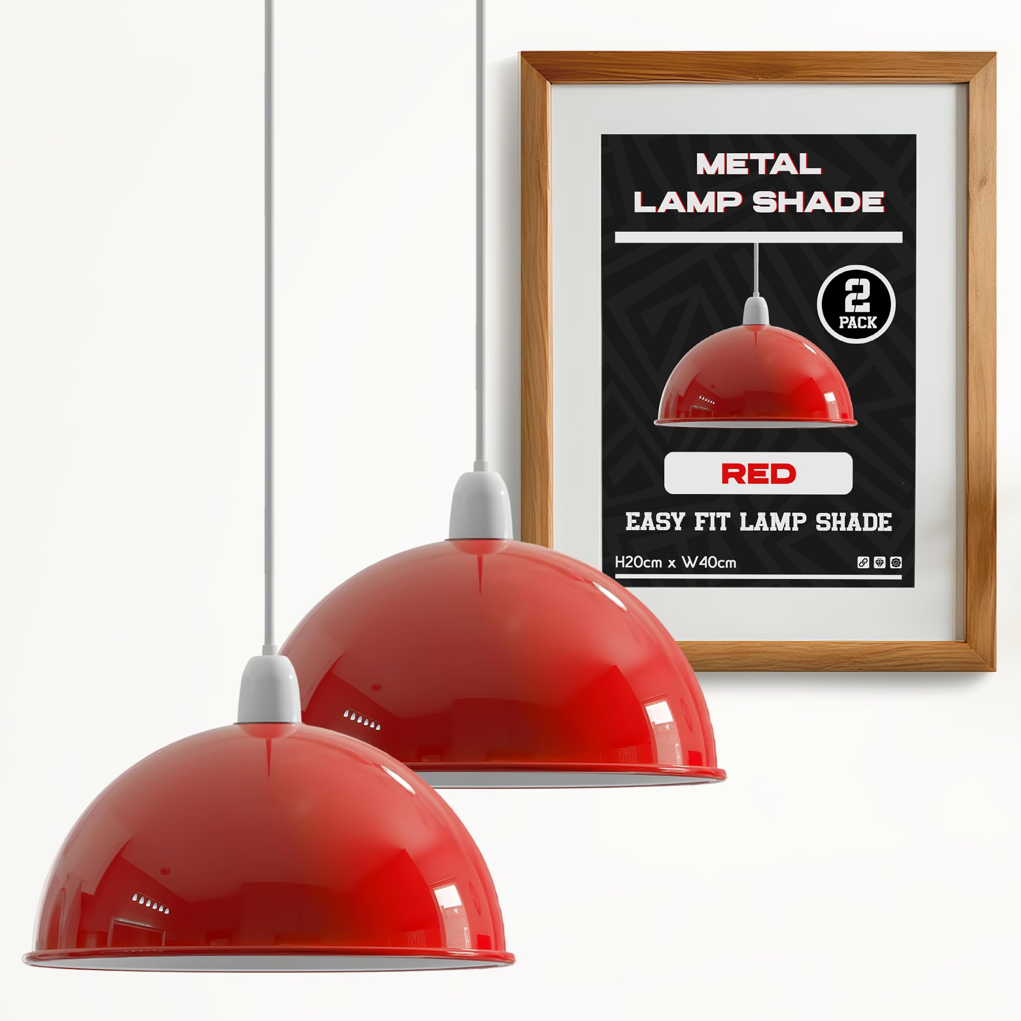 Red Set of 2 Metal Lamp Shades Ceiling Pendant Light Shade 40cm Easy Fit Dome Lampshades Only for Industrial Ceiling Light Kitchen Hanging Decorative Light Shade with Reducerplate โ image 1