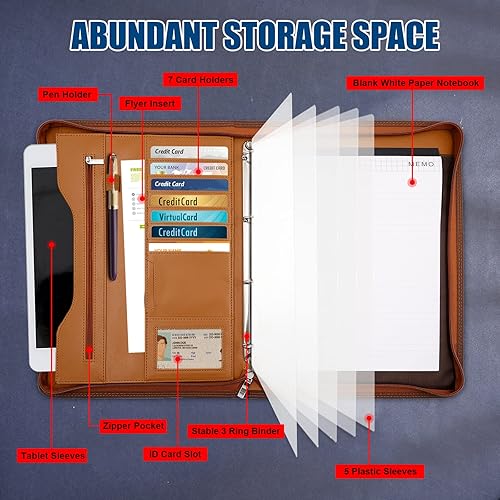 Miniatura 2 de Melsbrinna Padfolio - Carpetas de cartera - 4 anillos, organizador de cuero vegano con cremallera, cartera de negocios para hombres