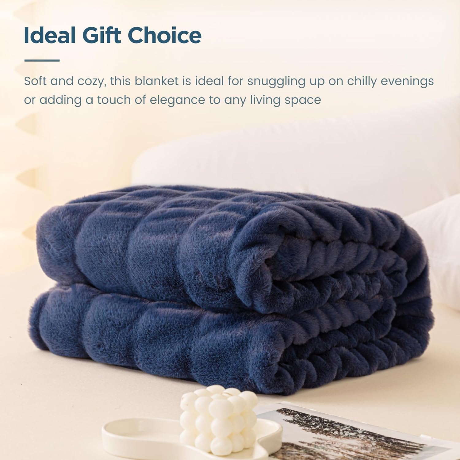 Sophia & William Ruched Faux Fur Throw Blanket for Couch - Luxury Lightweight Plush Fuzzy Cozy Soft Blankets, Blue, 50" x 60"