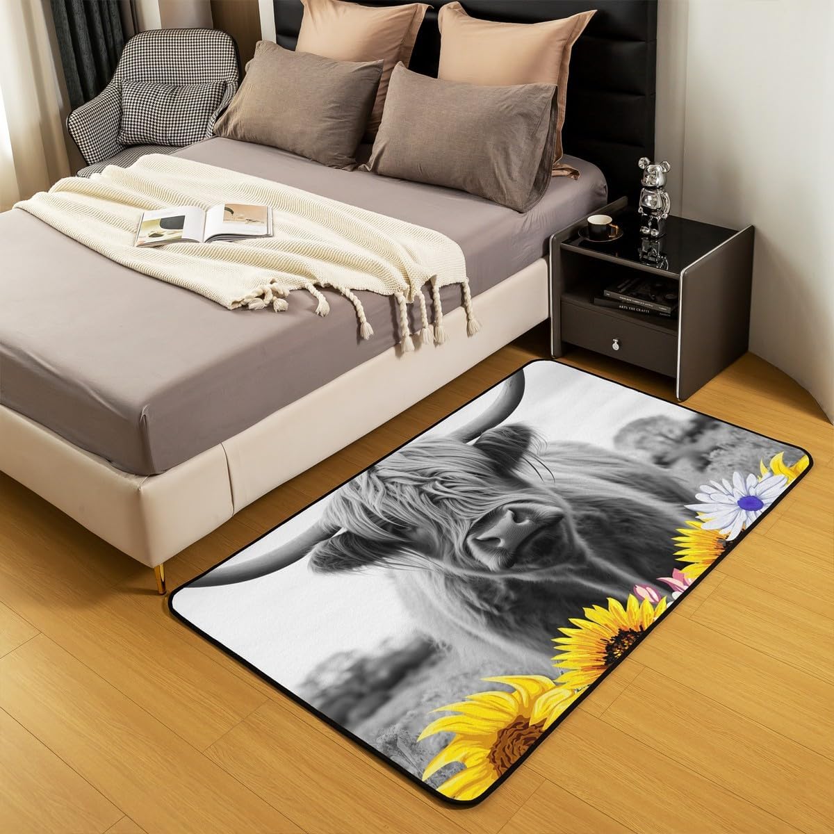 Highland Cow Area Rug 3x5, Sunflower Cow Print Rug for Adult Women, Bull Cattle with Grey Fur Washable Carpet, Wildlife Farmhouse Cow Living Room Rugs