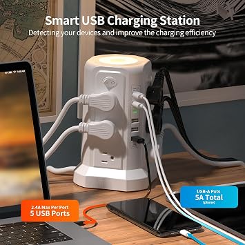 PASSUS Power Tower Surge Protector Power Strip with USB Ports, Upgrade Version 10.2FT Extension Cord Overload Protection for Home Office Dorm Room (White)