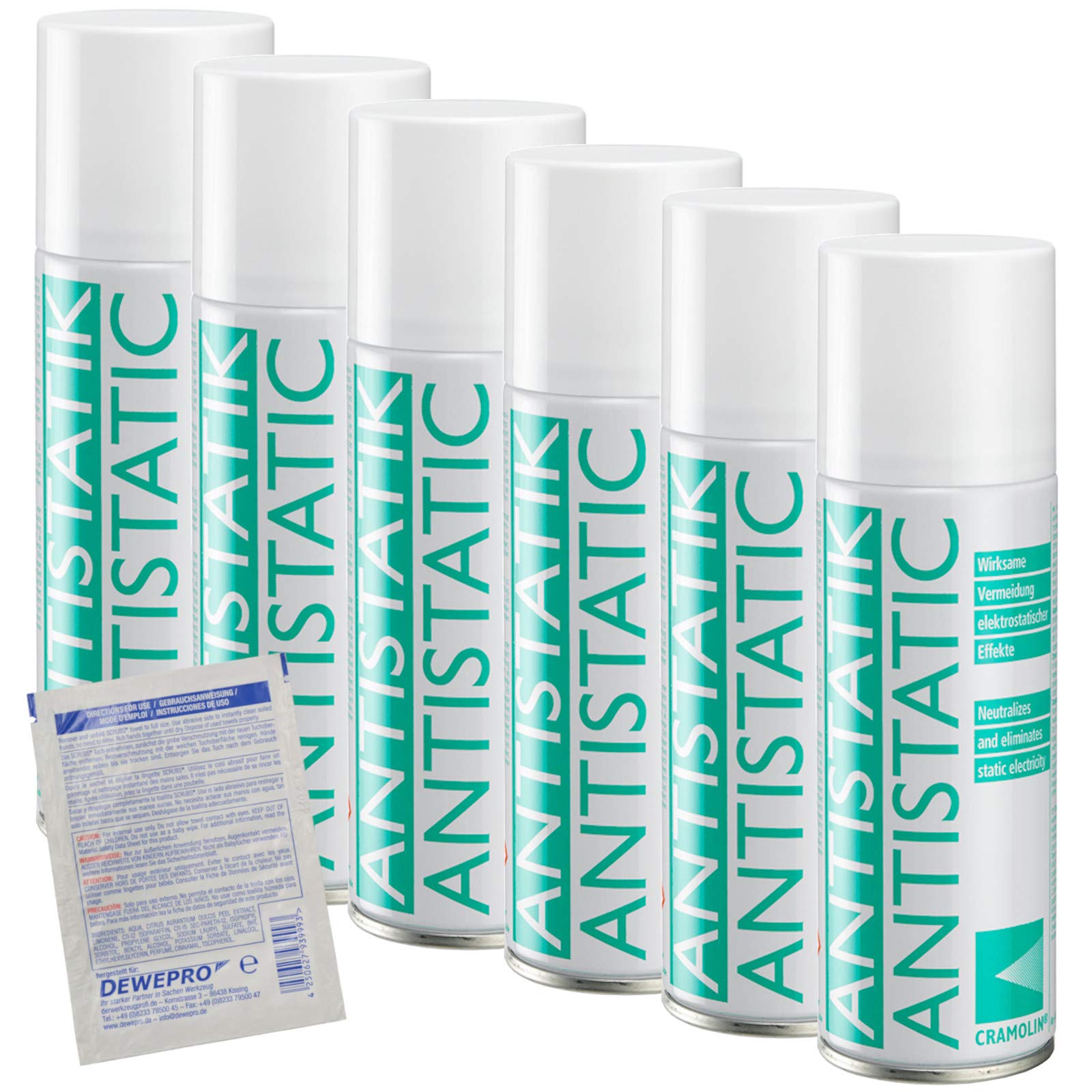 Antistatico – Contenuto della confezione: 6 x 200 ml – Spray antistatico che impedisce la carica statica – ITW Cramolin – 1331411 – riduce l'attrazione dello sporco, con 1 pezzo DEWEPRO® SingleScrubs