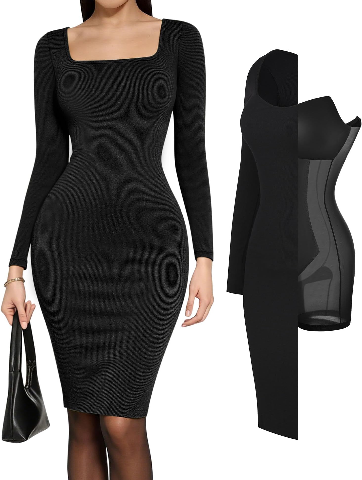 Popilush Long Sleeve Midi Dresses for Women, Built-in Bra Shapewear Dress | Bodycon, Tummy Control, Square Neck, Cocktail Party and Dinners