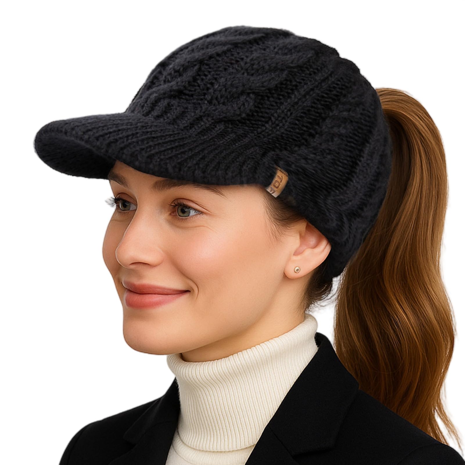 TOP-EX ChicPony Bonnet d'hiver en laine mérinos avec visière, 3 ouvertures tressées, doublure polaire, chaud et coupe-vent pour femme