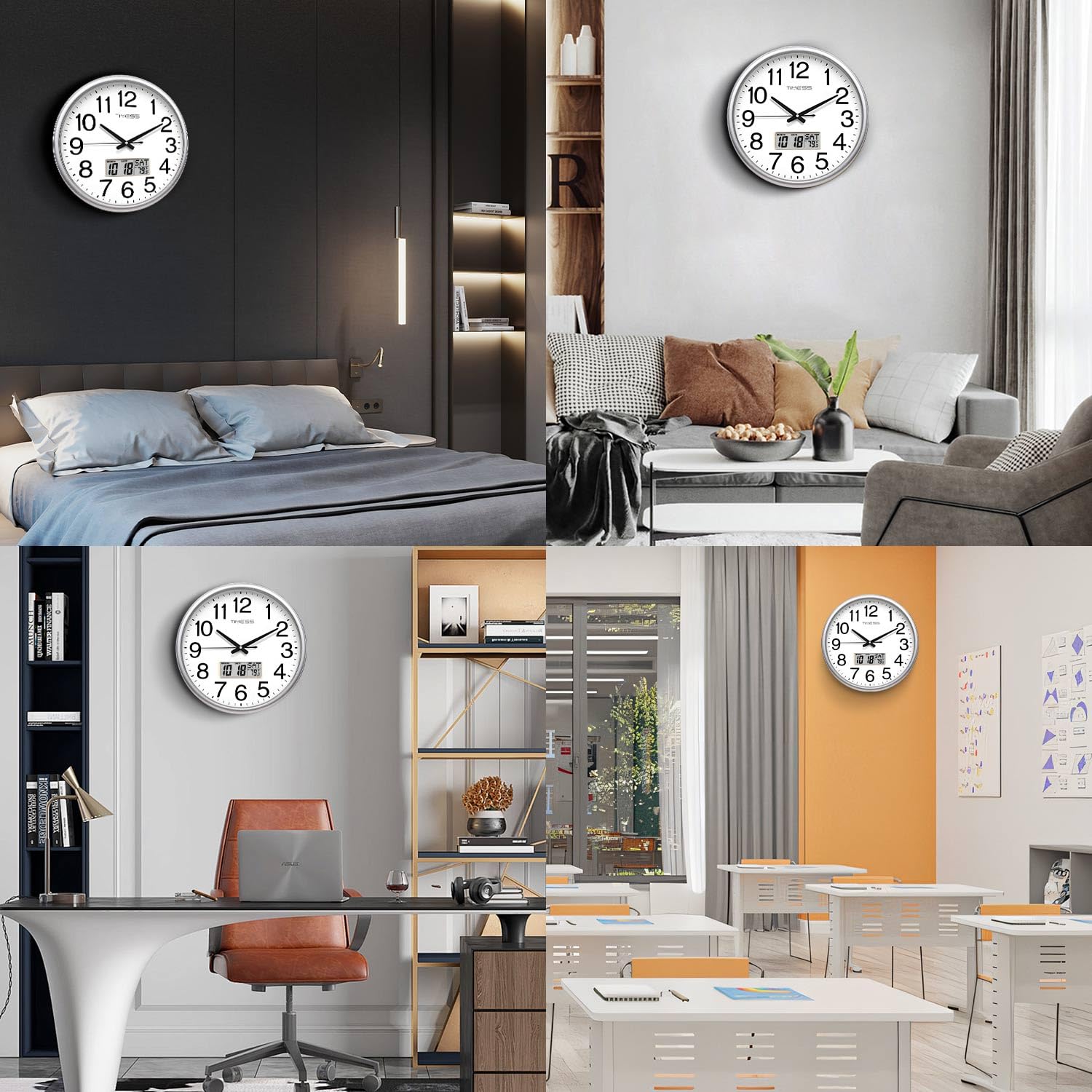 TIMESS Reloj de pared, 40,6 cm, silencioso, funciona con pilas, cuarzo analógico con pantalla LCD para calendario perpetuo y temperatura F, ideal para el hogar, dormitorio, cocina, oficina (plateado)
