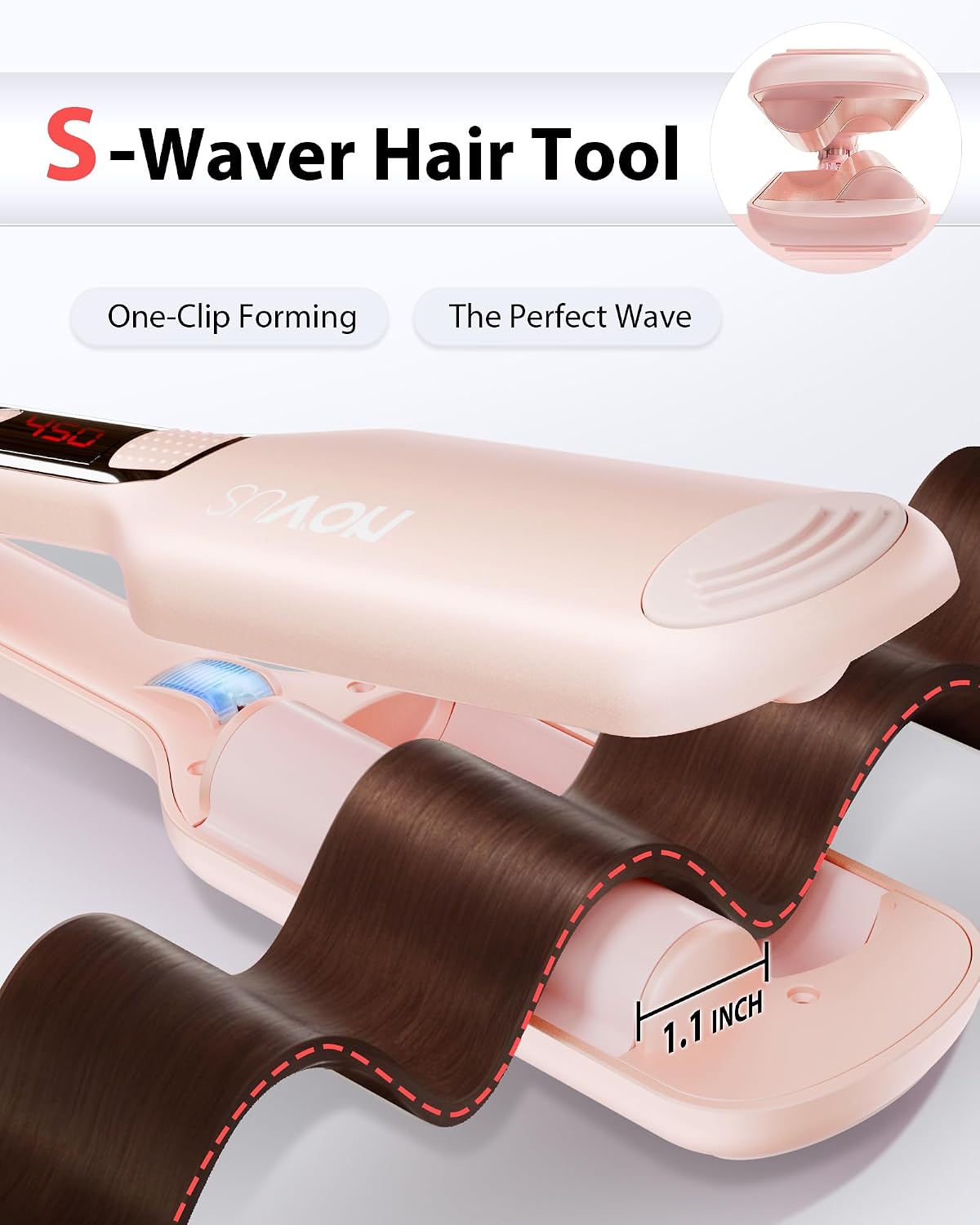 NOVUS Beach Waves Curling Iron, Ionic 2 Barrel Hair Crimper Wand for Women, Ceramic Anti-Scald Waver with Adjustable Heat, 1.1 Inch Pink, Easy to Use for Long-Lasting Shiny Curls