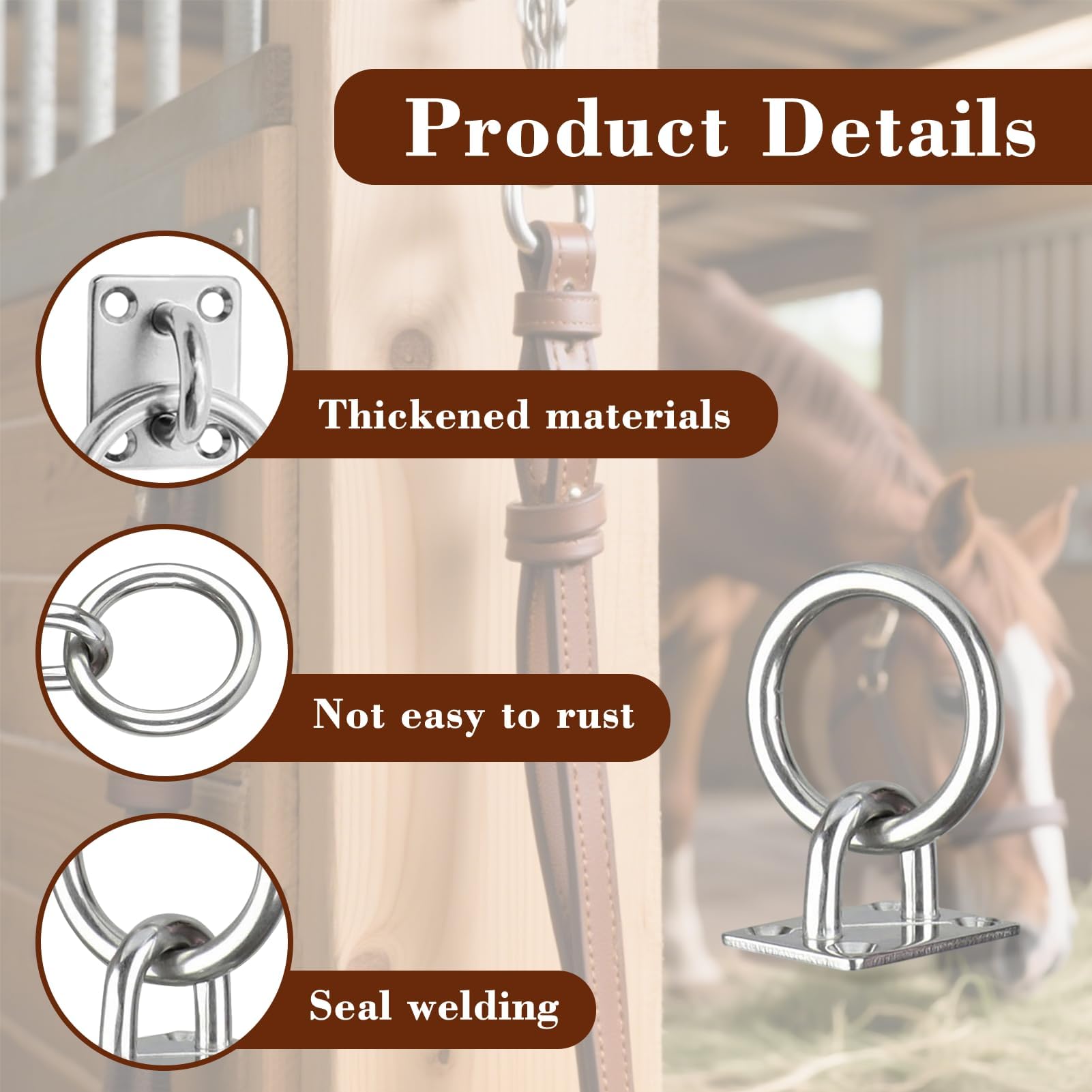 1 Pièce Anneau D’Attache Cheval En Acier Inoxydable Avec Plaque Carrée 40×50 mm Électro Poli, Anneau Fixe Ø60 mm Intérieur Ø46 mm, Vis M6, Pour Yacht, Armoire, Écurie, Anneaux Pour Chevaux