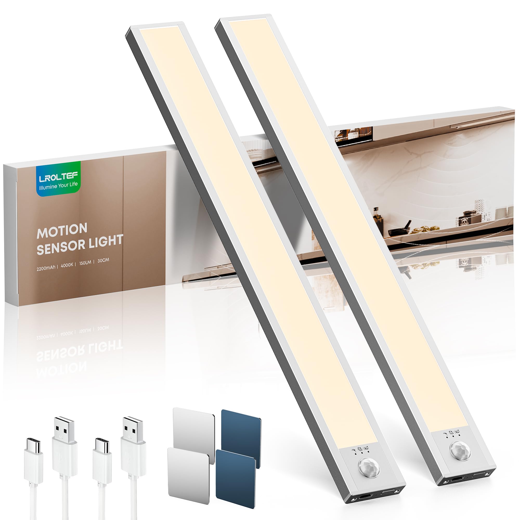LROLTEF Luce LED Sottopensile Cucina 4000K 30CM Sensore di Movimento per Luci 2200mAh 48 LED Luce Armadio Lampada Dimmerabile per Cucina Scale Soggiorno Bagno Camere da Letto | 2 Pezzi Argento