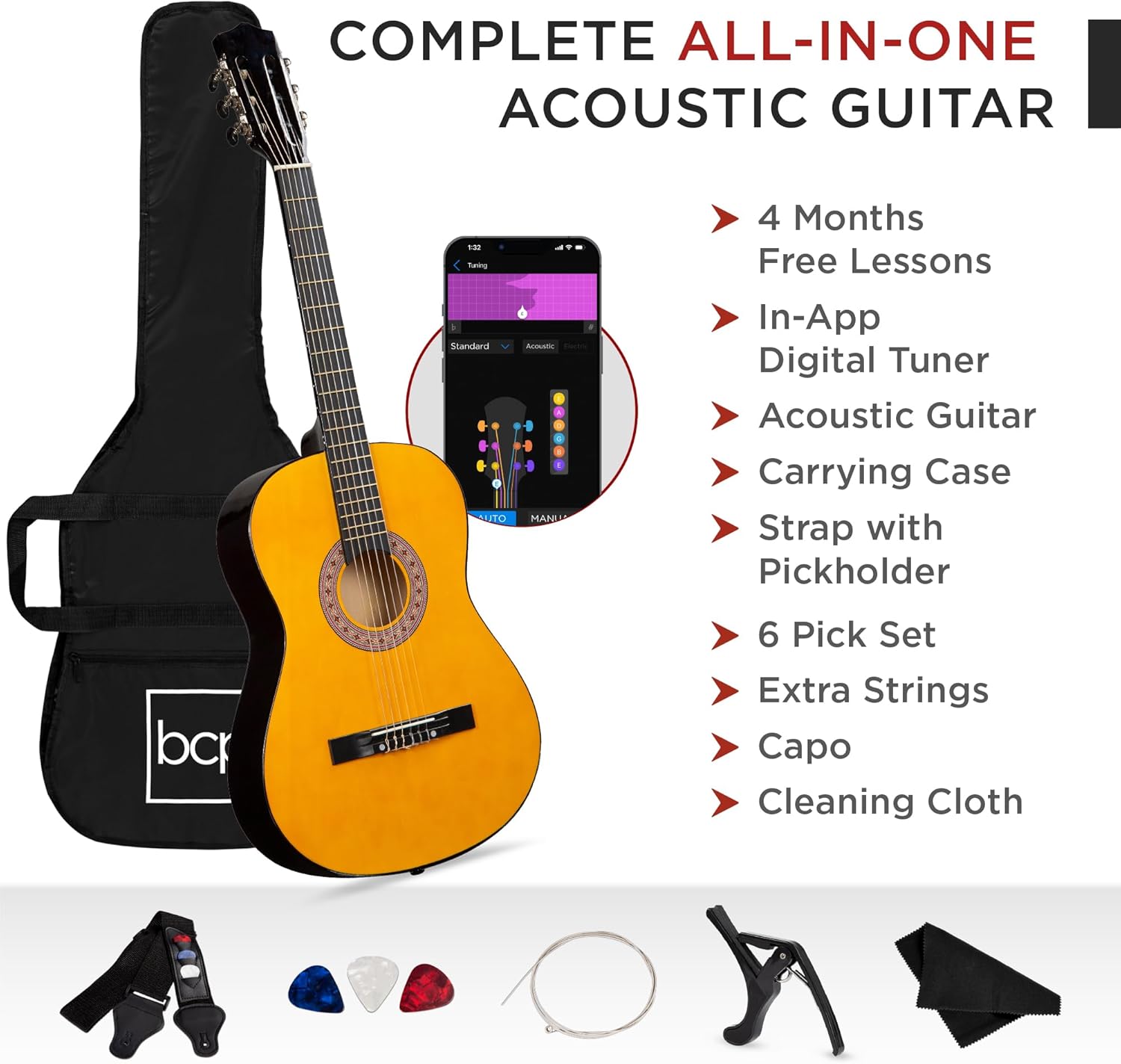 Best Choice Products 38in Beginner All Wood Acoustic Guitar Starter Kit w/Gig Bag, 6 Picks, Nylon Strings, Strap w/Pick Holder - Natural