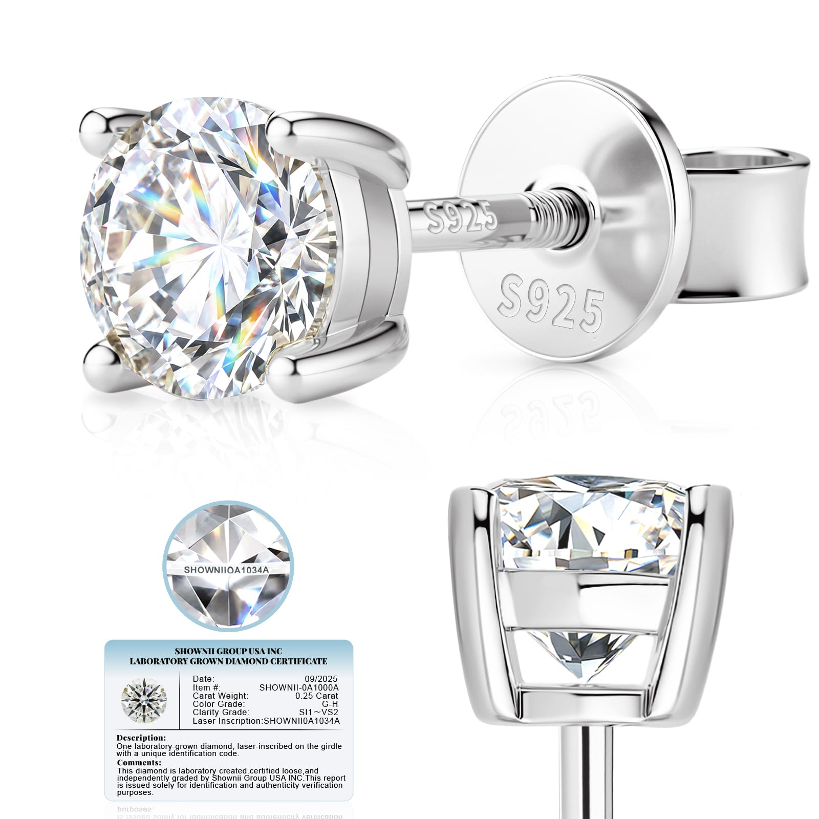 SHOWNII LAB GROWN Diamond Stud Earrings for Women Men 0.5CT 1CT Screw Back