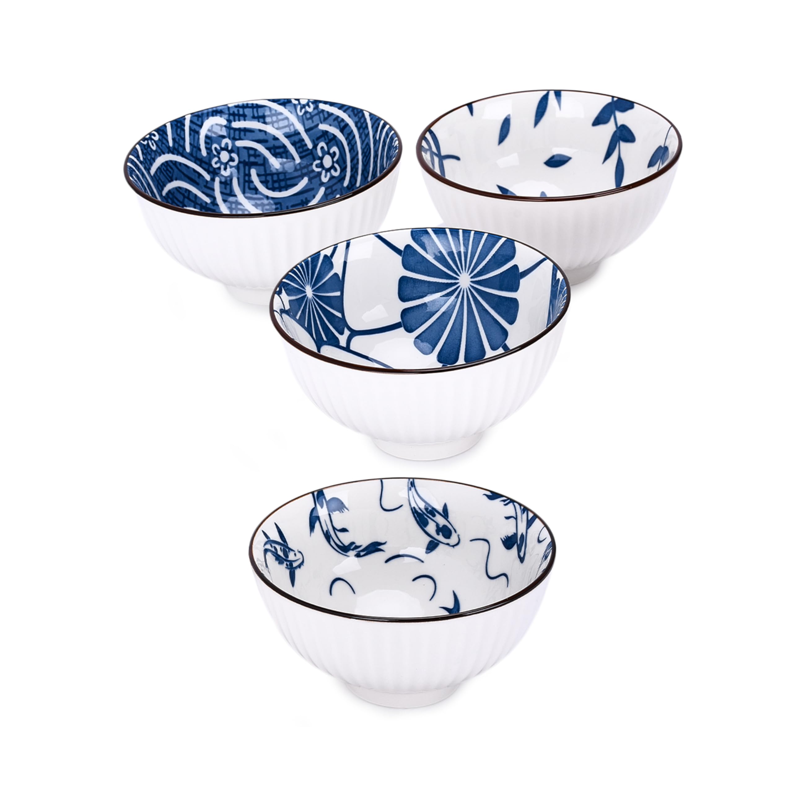 Kirosaku Japanese Rice Bowls, Set of 4 - Blue Ceramic Tableware - Oriental Deep Dinnerware Bowl Set - Serving Bowls for Miso or Noodle Soup High-Temperature Firing - Gift Set - H2.4xL4.5xW4.5 Inches