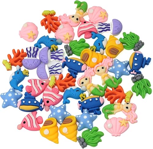 Honbay 40 dijes de limo con parte trasera plana, diseño de animales marinos, sirena, peces de coral, ballena, estrellas de mar, cabujones de resina