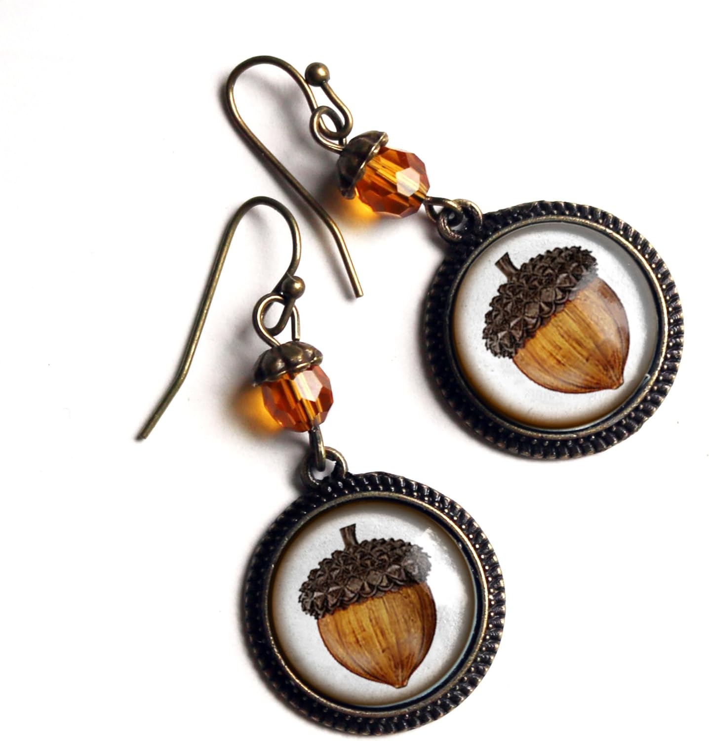 Acorn Fall or Autumn Harvest Earrings with Amber Glass Bead