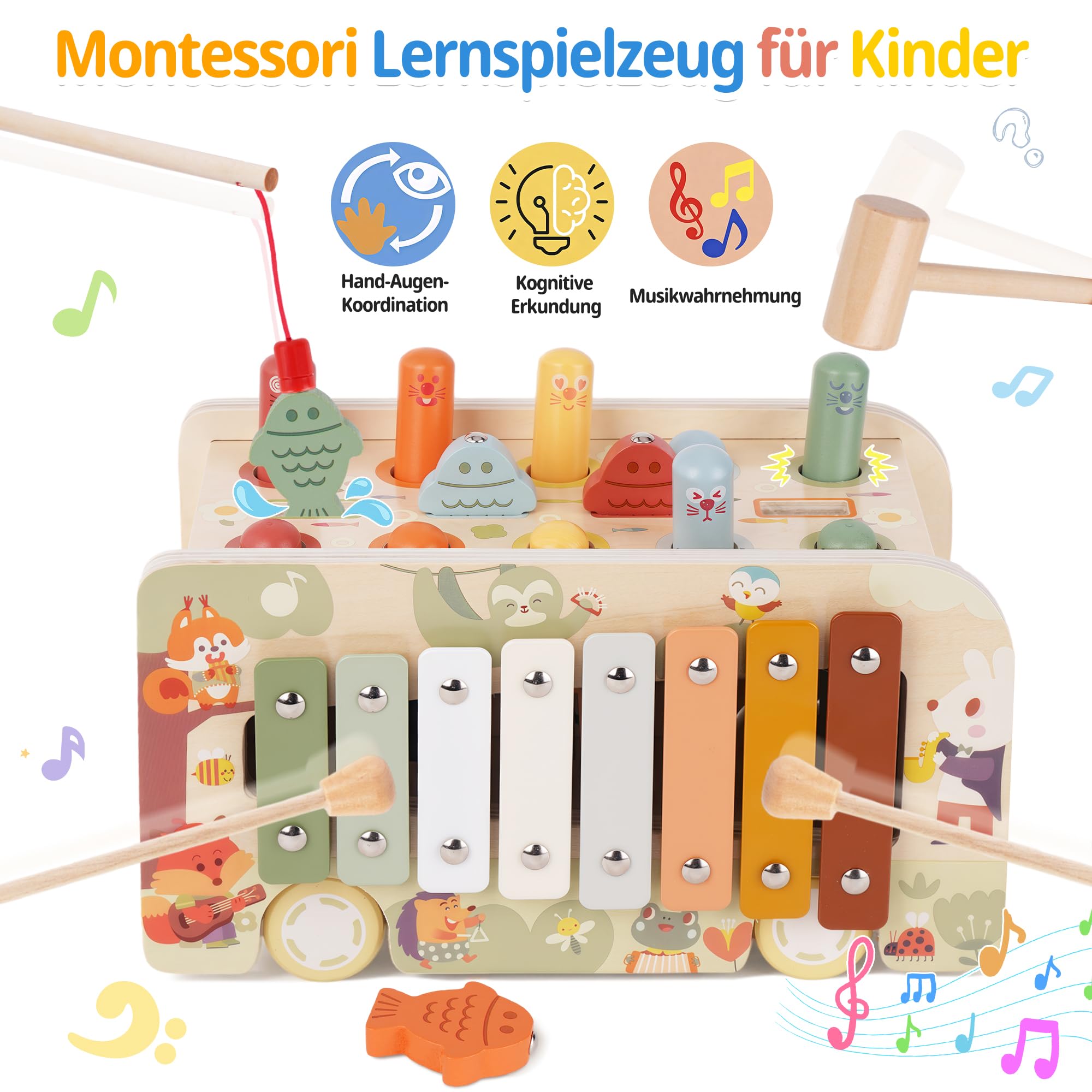 Baby Spielzeug ab 1 2 3 Jahre, Montessori Spielzeug ab 1 Jahr, Music Kinderspielzeug Xylophon, Magnet Angelspiel, Hammerspiel Motorikspielzeug, Holzspielzeug Geschenk Mädchen Junge Kind 1 2 3 Jahre