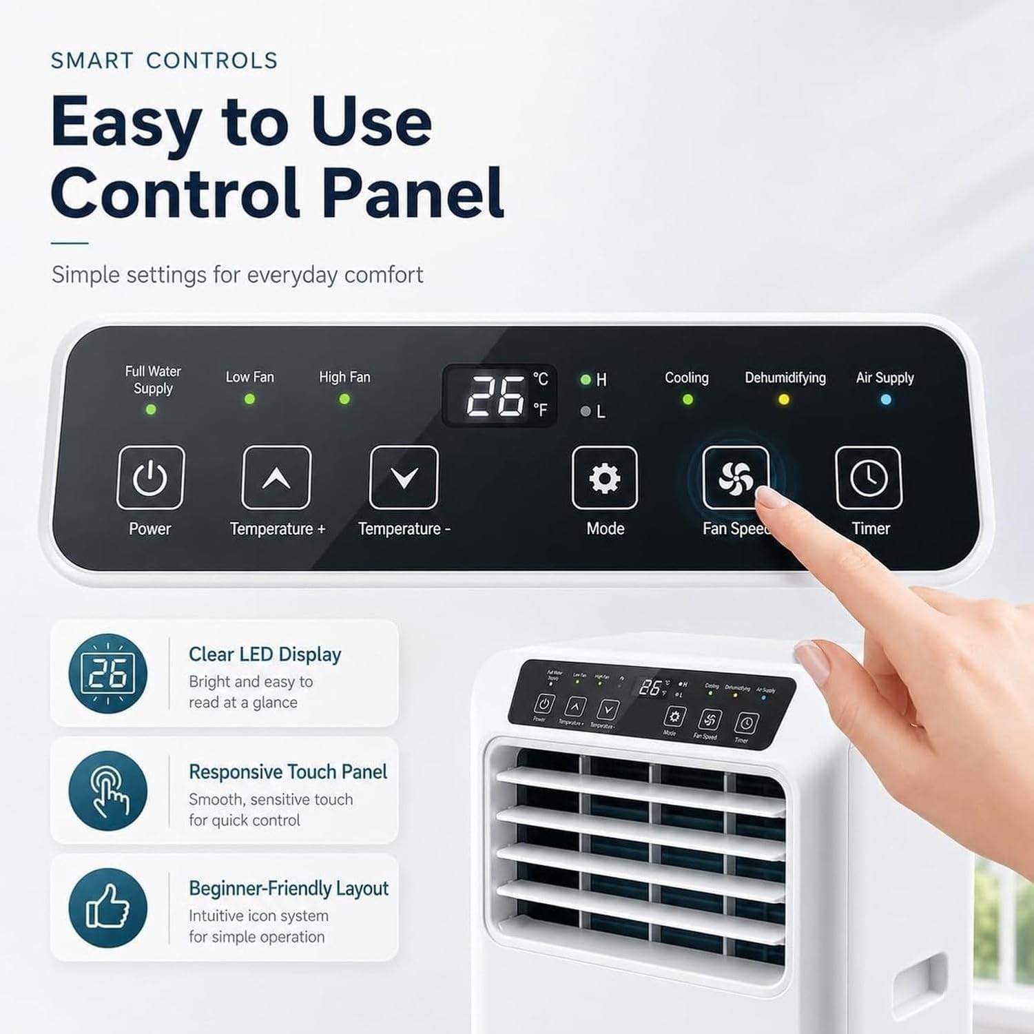 Aire Acondicionado Portátil 9000 BTU 3 en 1 con Deshumidificador, Ventilador y Temporizador de 12 Horas, Control Táctil, Asas Laterales para Habitación, 480 m³, 7000btu, 7000BTU