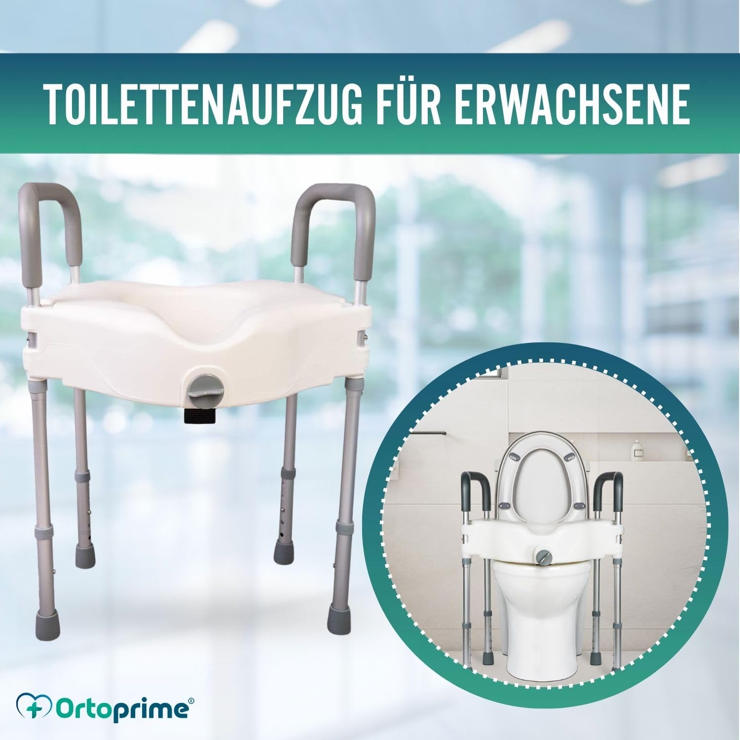 OrtoPrime WC Sitzerhöhung mit Armlehnen und verstellbaren Beinen – Toilettenerhöhung Senioren rutschfest & bequem – Universal WC Aufsatz für sicheres und Komfortables Sitzen