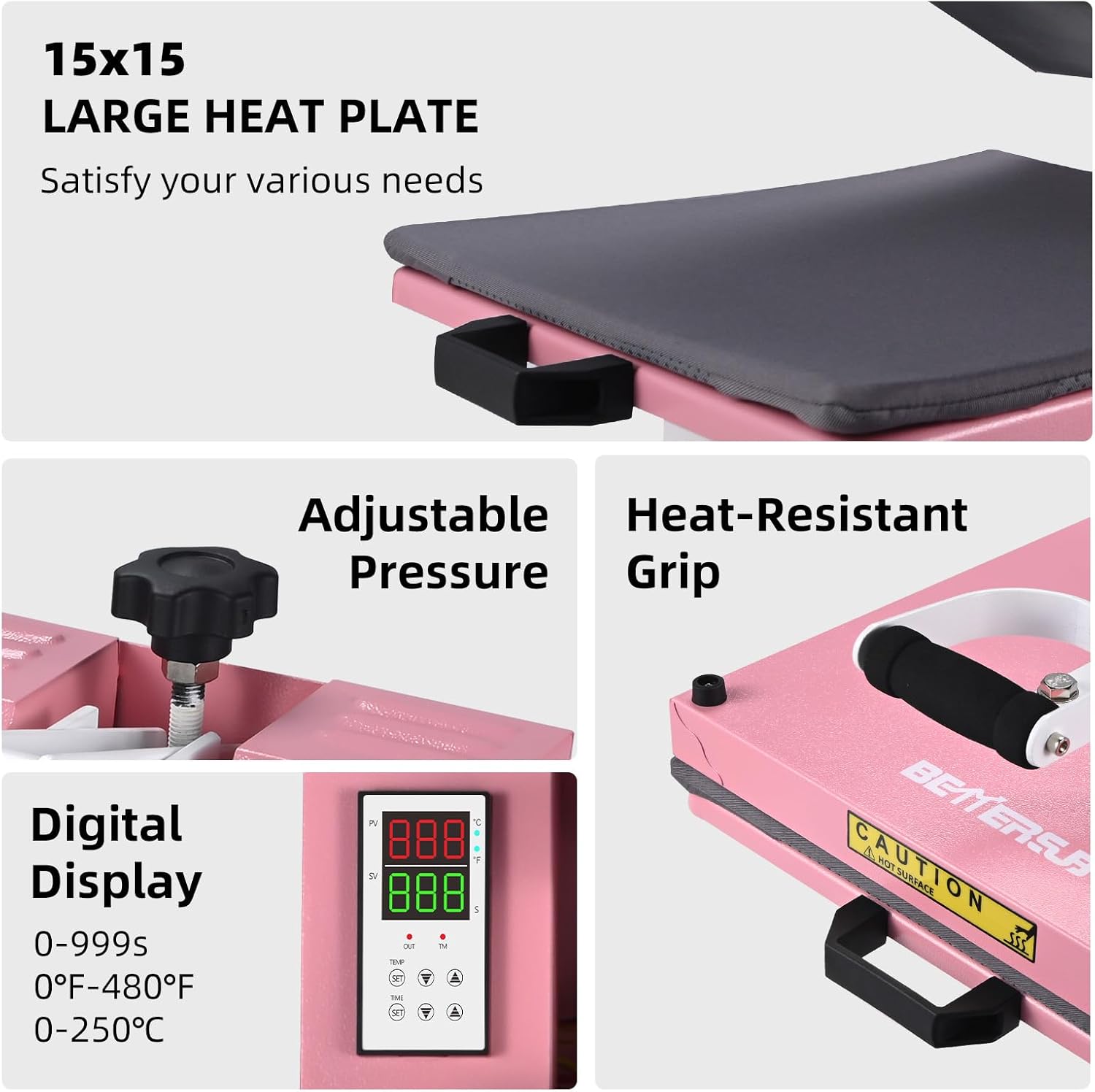 BetterSub Industrial 15"x15" Clamshell Heat Press Machine for T-Shirts, Sublimation, Vinyl & HTV - Digital Control, Non-Stick Teflon Plate, Safety Features for DIY/Home/Business (Pink)