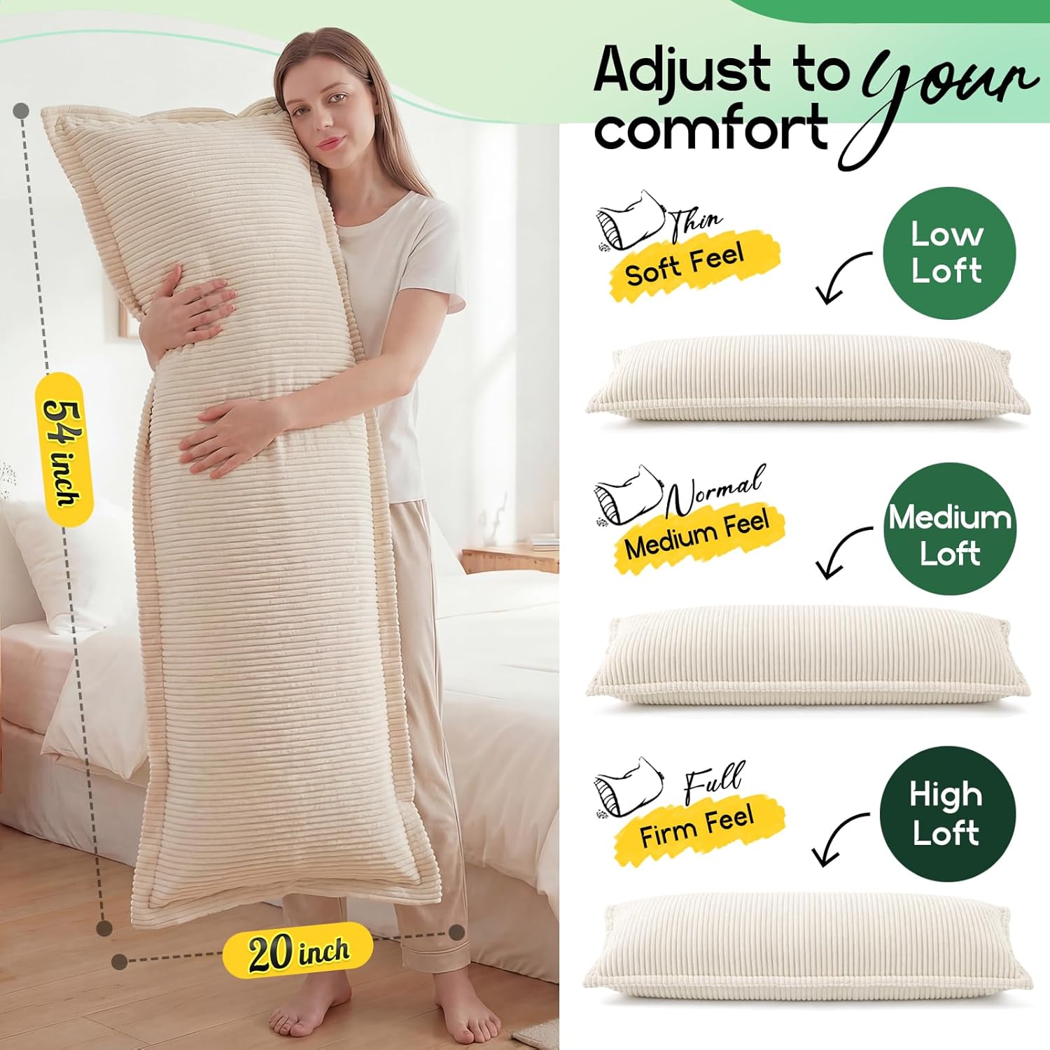 1 MIDDLE ONE Body Pillow, Memory Foam Body Pillows for Adults Sleeping, Long Pillow for Bed, Large Full Body Pillow for Side Sleeper with Removable Cover, 20x54 Inch (Off-White)